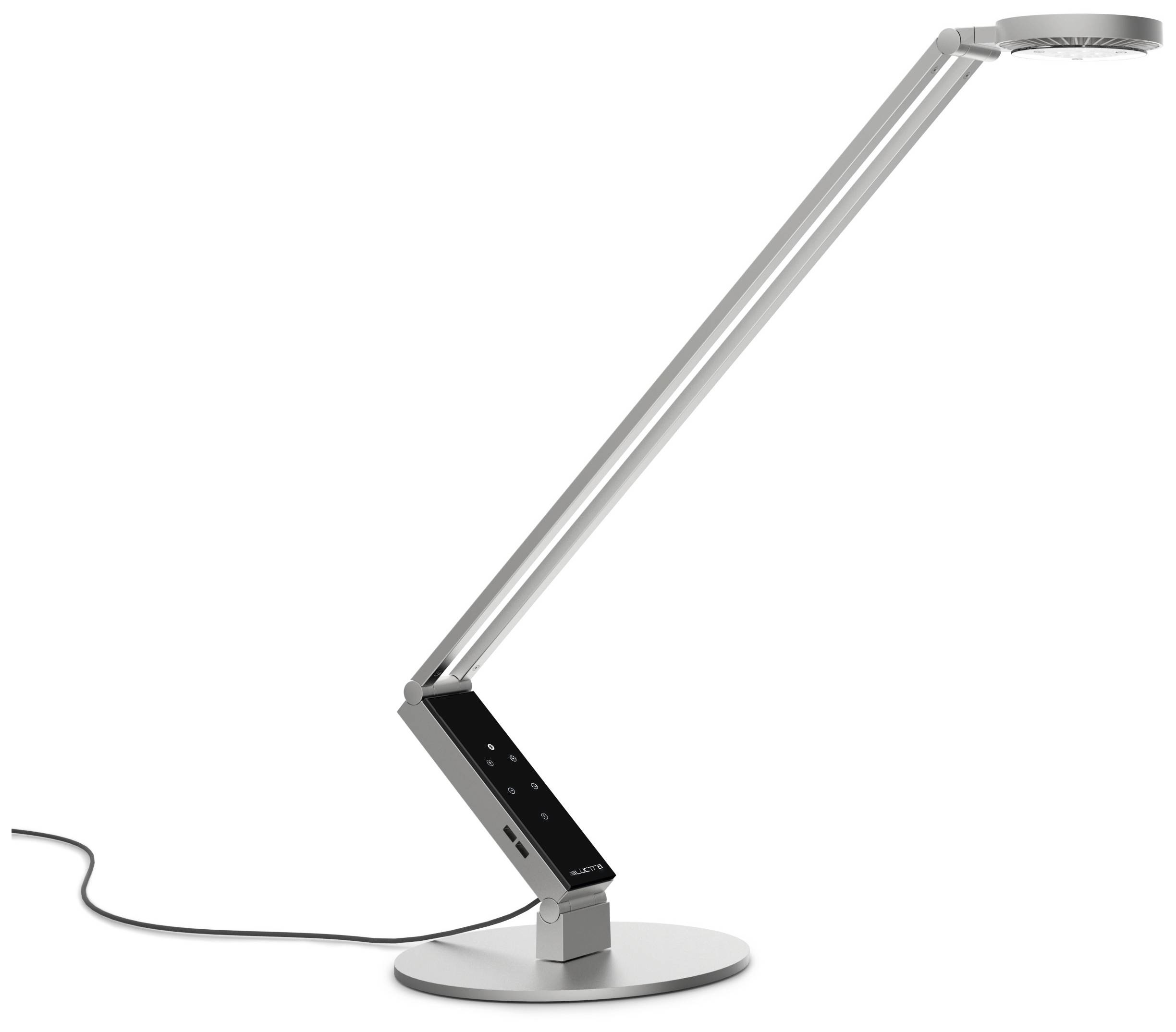 Moderne bureaulamp met verstelbare arm en ronde lampenkop, geschikt voor werk- of leesomgevingen.