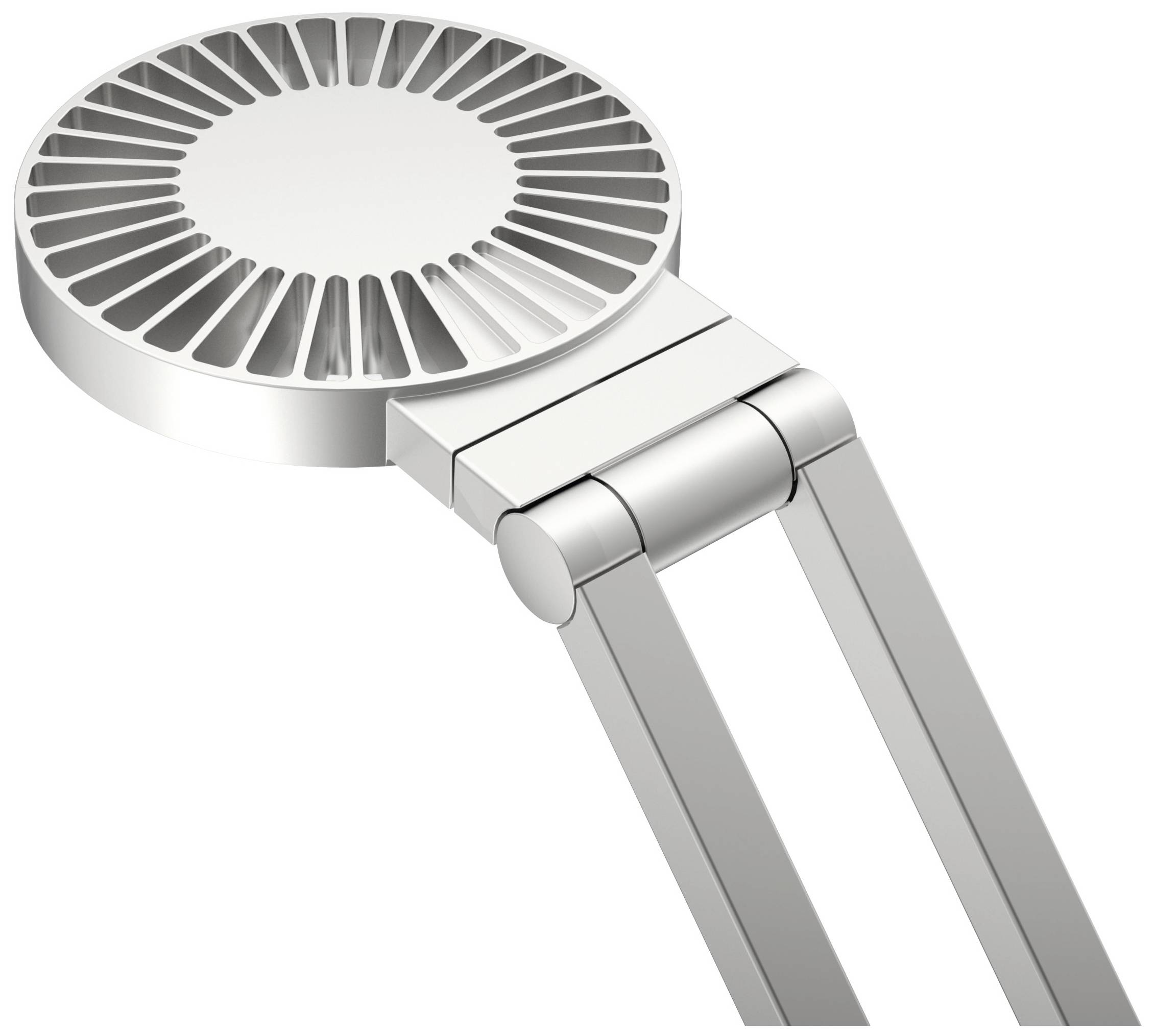 Een ventilator met een ronde, platte kop en slanke, lange staven die als handvat dienen. Geschikt voor moderne interieurs.