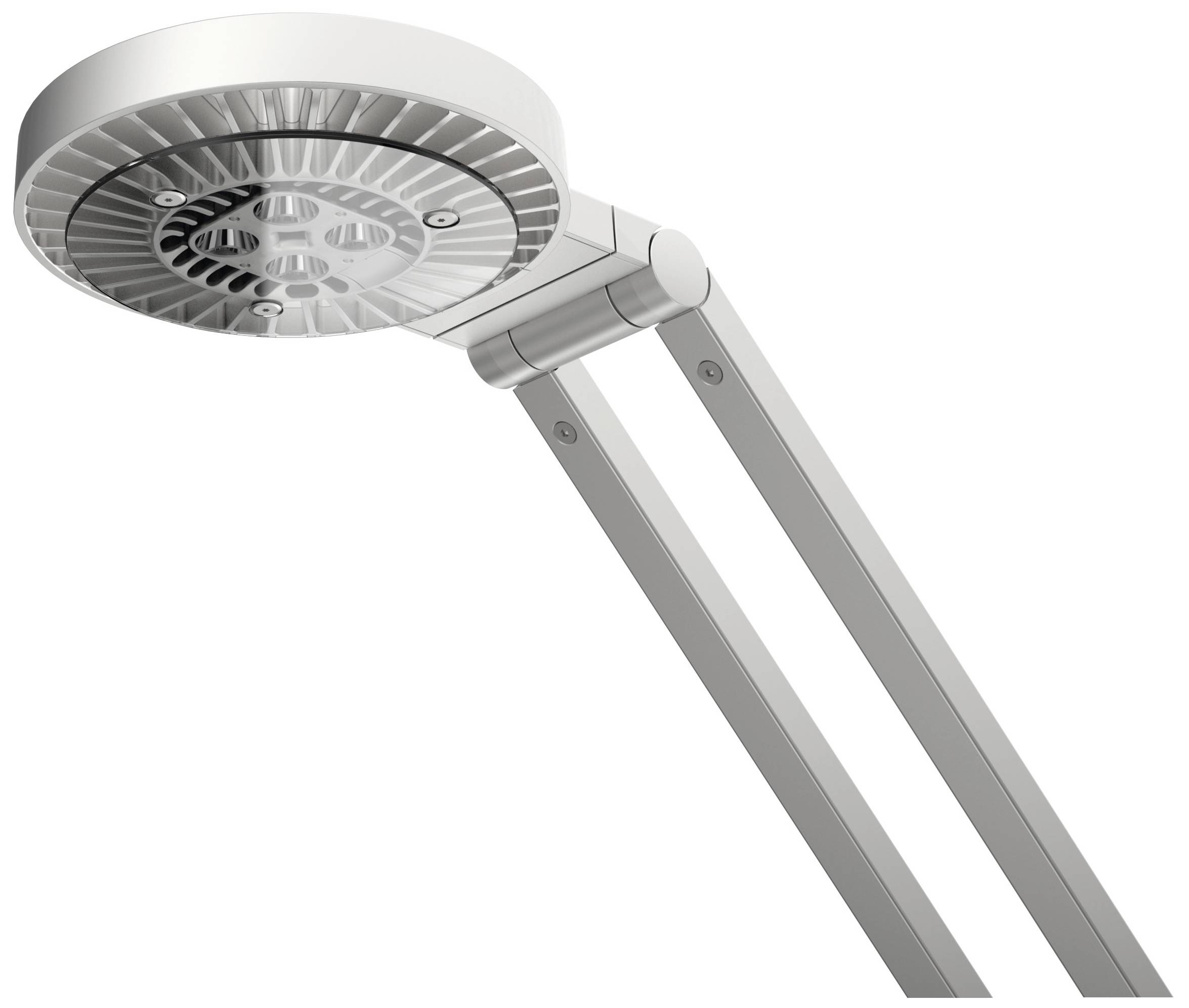 Een moderne, zilveren LED-lamp met een rond hoofd en verstelbare arm, geschikt voor verschillende toepassingen.