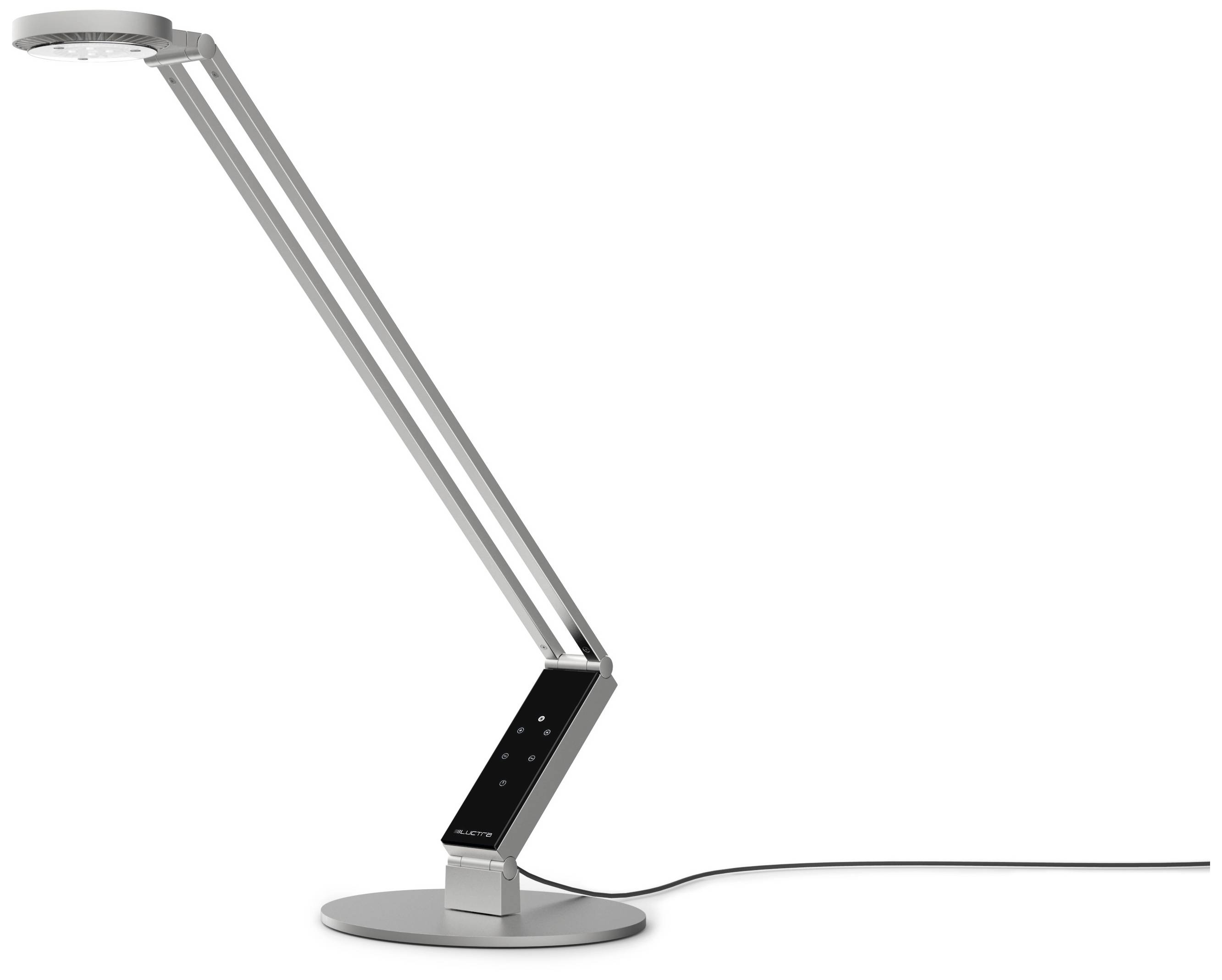 Zilveren, moderne bureaulamp met slanke vormgeving, verstelbare arm en rond voetstuk. Stroomsnoer zichtbaar.