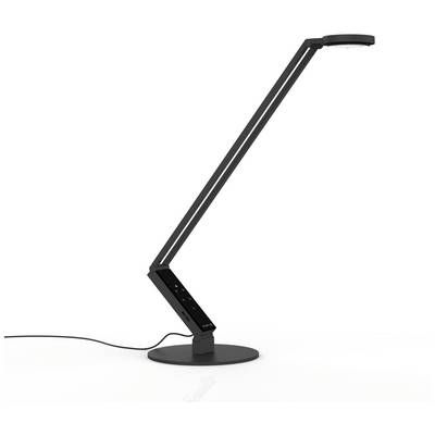 Een moderne, zwarte bureaulamp met een slank, hoekig ontwerp op een ronde voet.