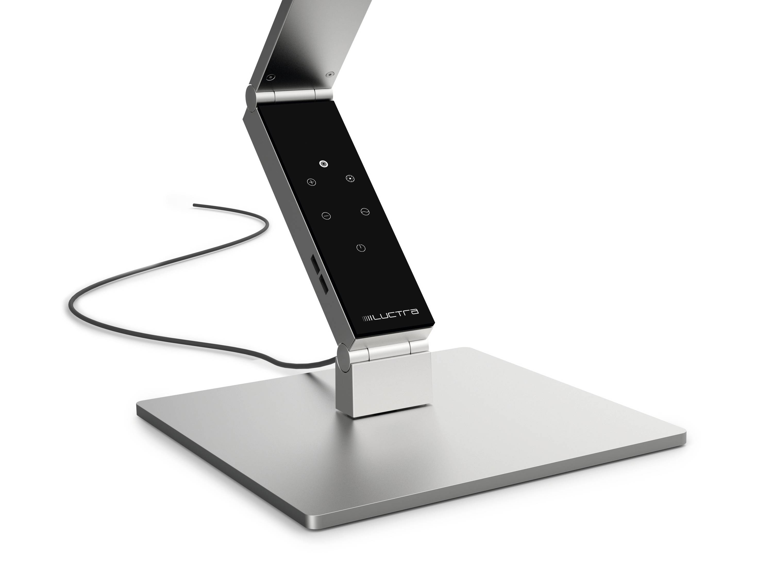Een moderne, zilveren tafellamp met flexibele arm en touch-bedieningspaneel op rechthoekige voet. Ideaal voor bureaus.