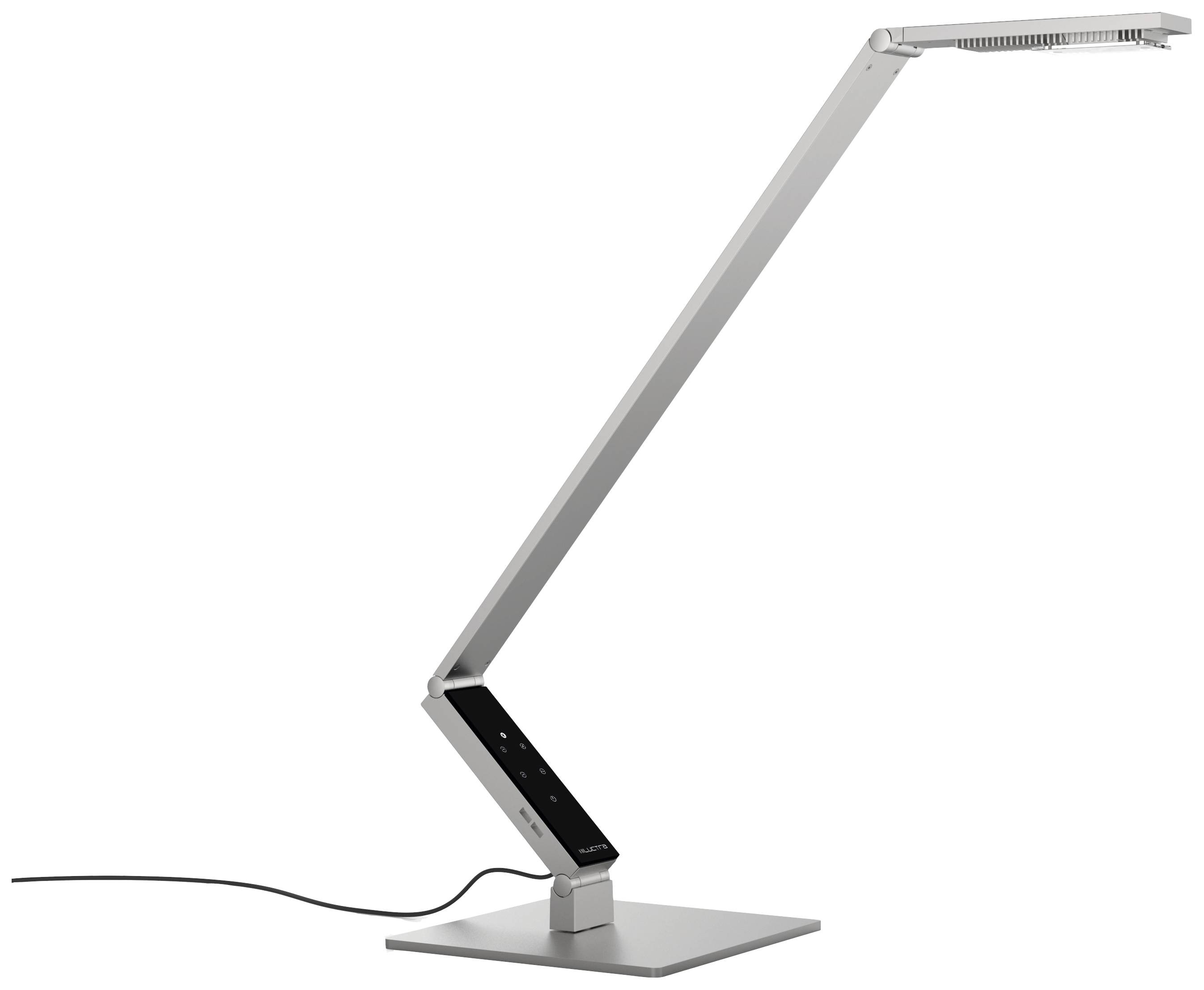Een moderne, slanke tafellamp met verstelbare arm en geïntegreerd bedieningspaneel, geplaatst op een vierkante voet.