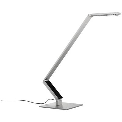 Een moderne, slanke tafellamp met verstelbare arm en geïntegreerd bedieningspaneel, geplaatst op een vierkante voet.