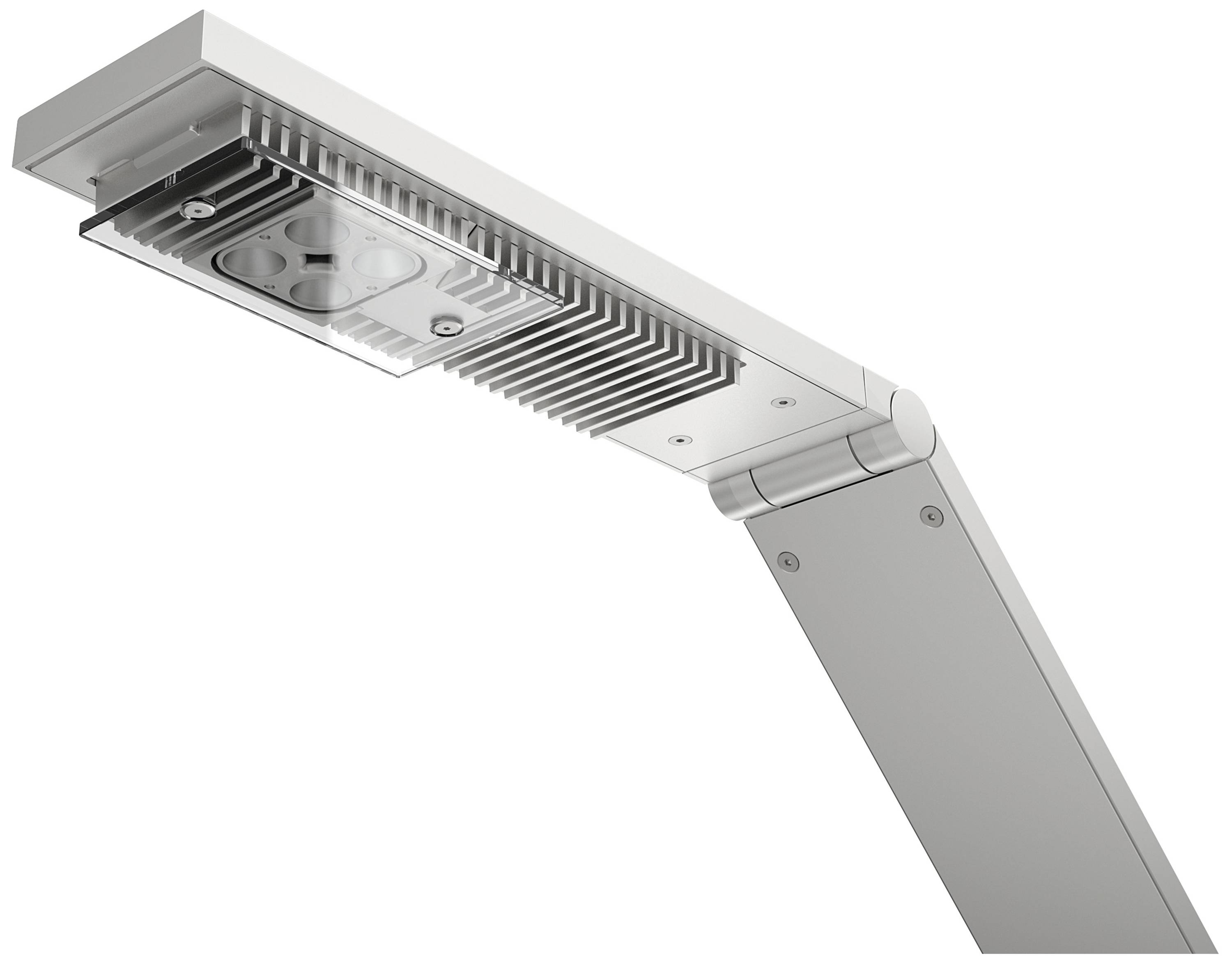 Een moderne straatlantaarn met een rechthoekige lichtunit en metalen koelribben. Hij heeft een slanke, functionele vormgeving.