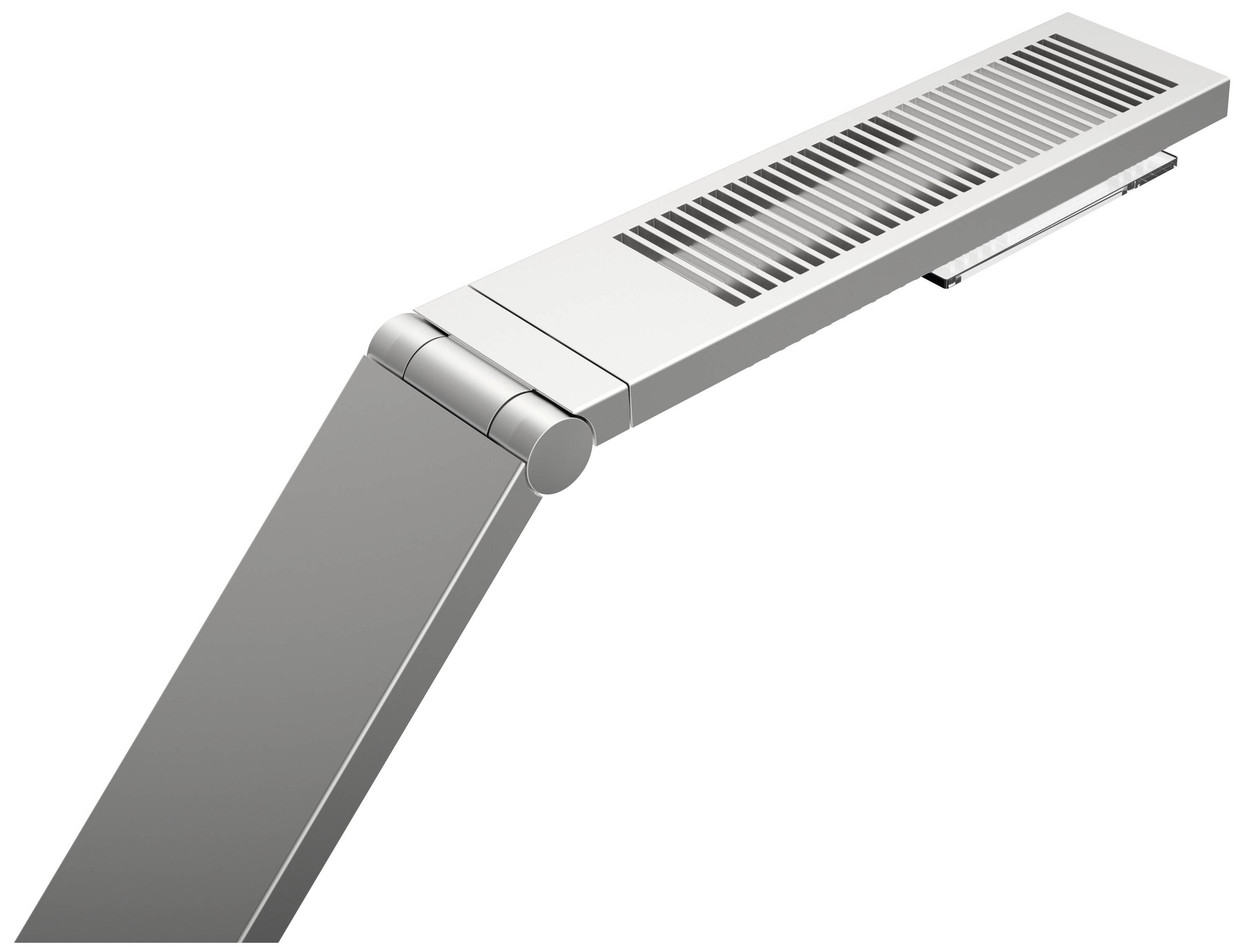 Zilveren, moderne dimbare bureaulamp met scharnierende arm en ventilatiesleuven, gezien van opzij.
