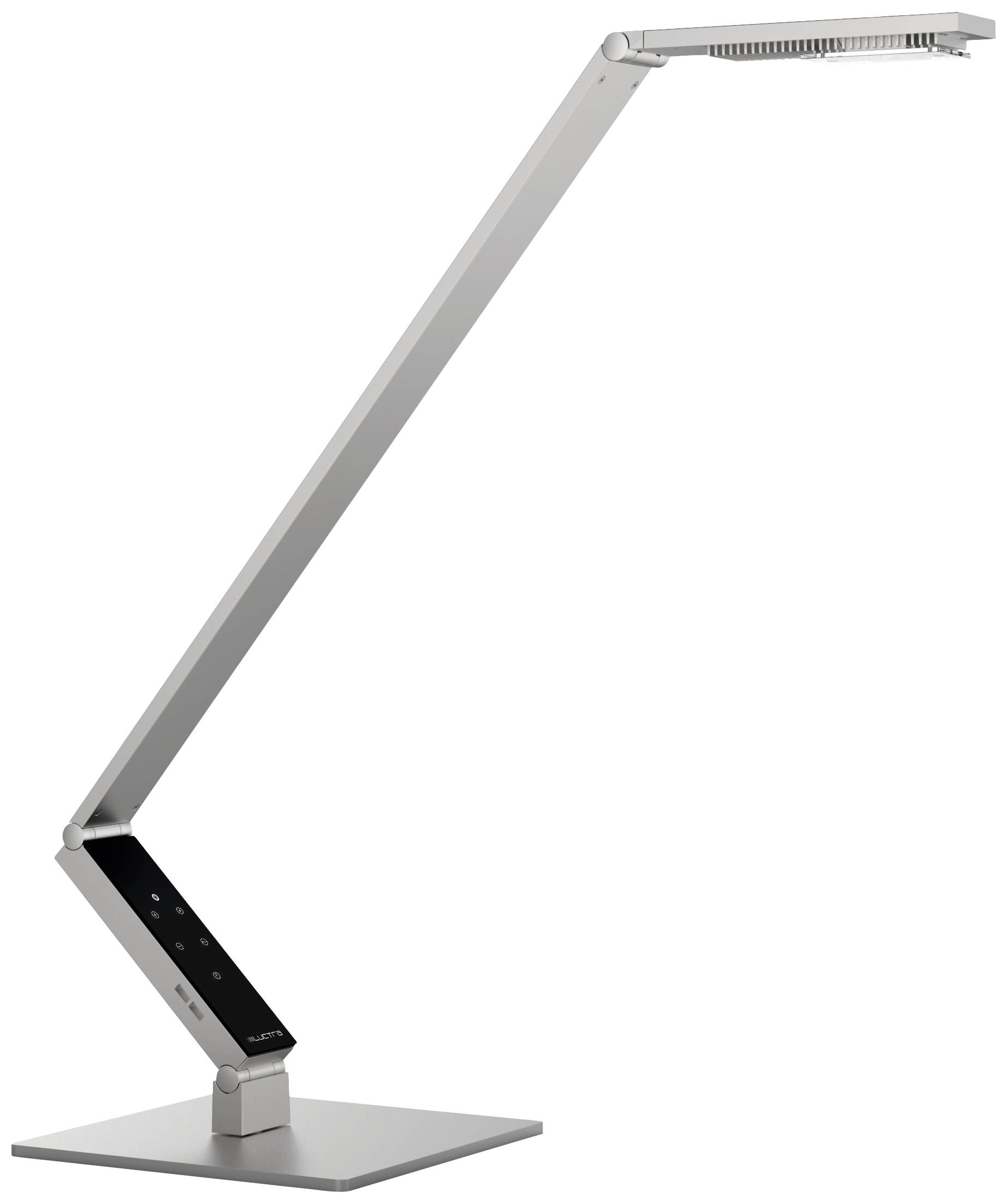Een moderne, verstelbare tafellamp met een slanke vormgeving en rechthoekige voet.