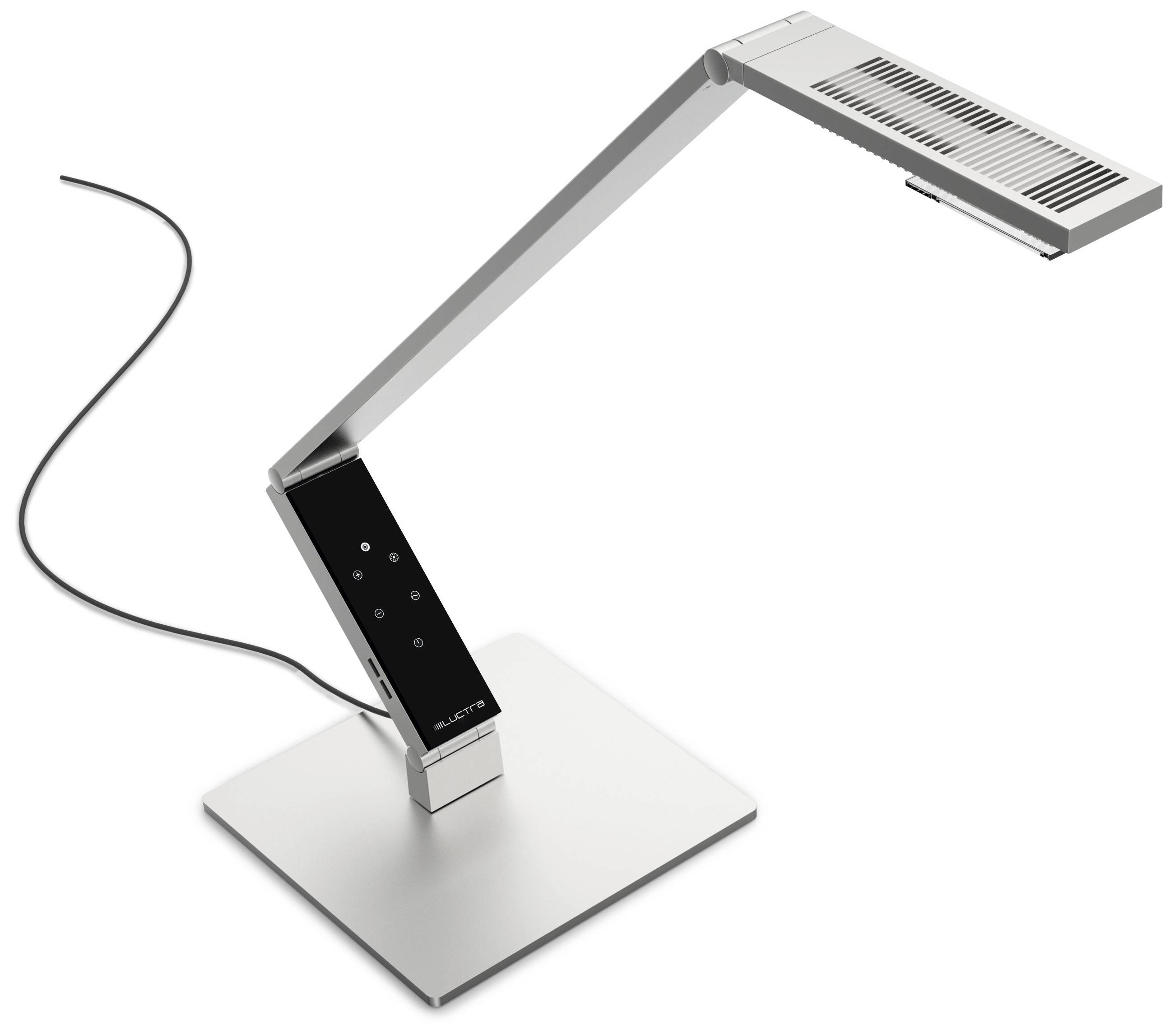 Een moderne, zilveren LED-bureaulamp met verstelbare arm en aanraakbedieningspaneel op een vierkante voet.