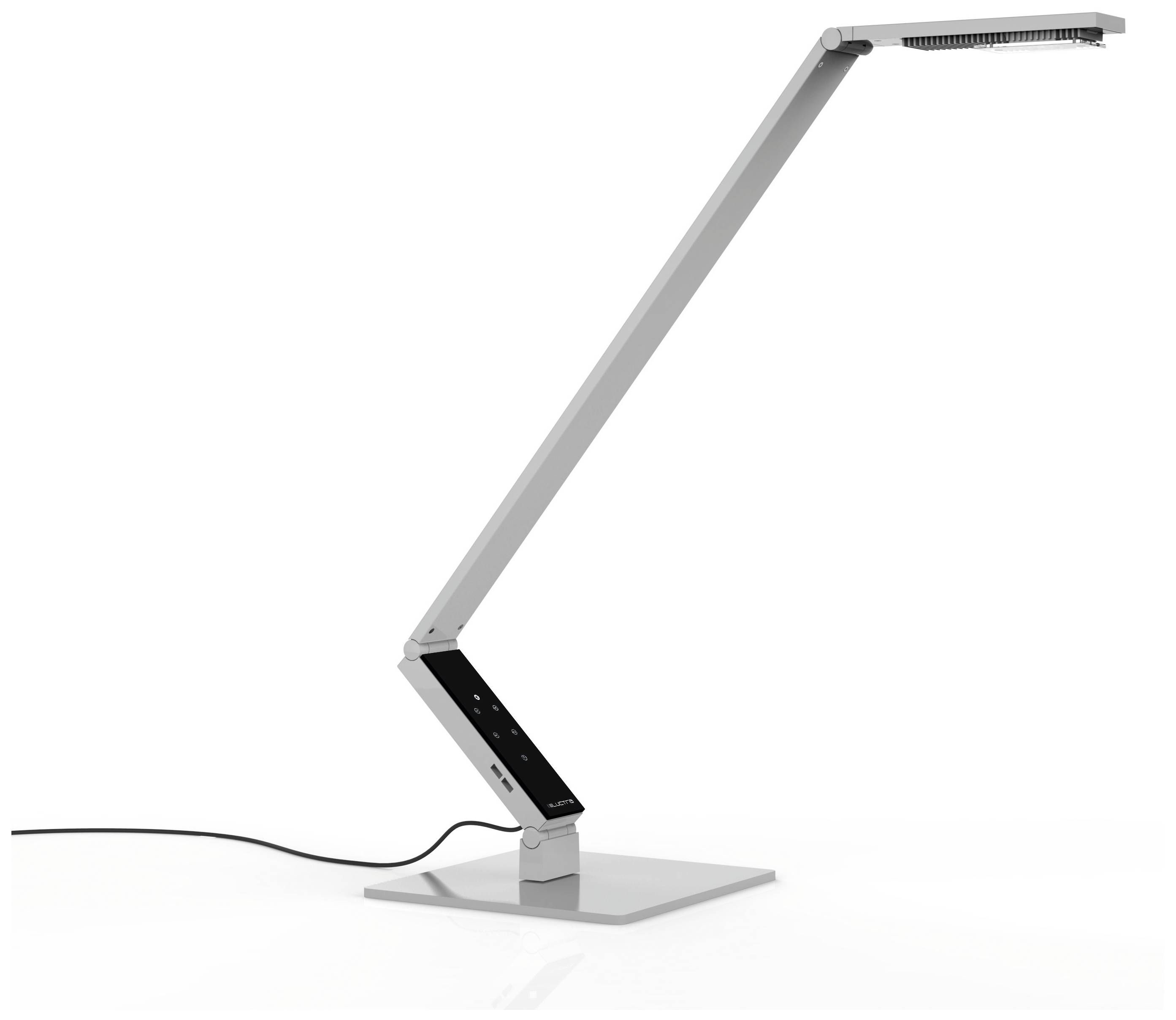 Moderne bureaulamp met verstelbare arm en rechthoekige voet, verbonden door een snoer.
