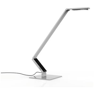 Moderne bureaulamp met verstelbare arm en rechthoekige voet, verbonden door een snoer.