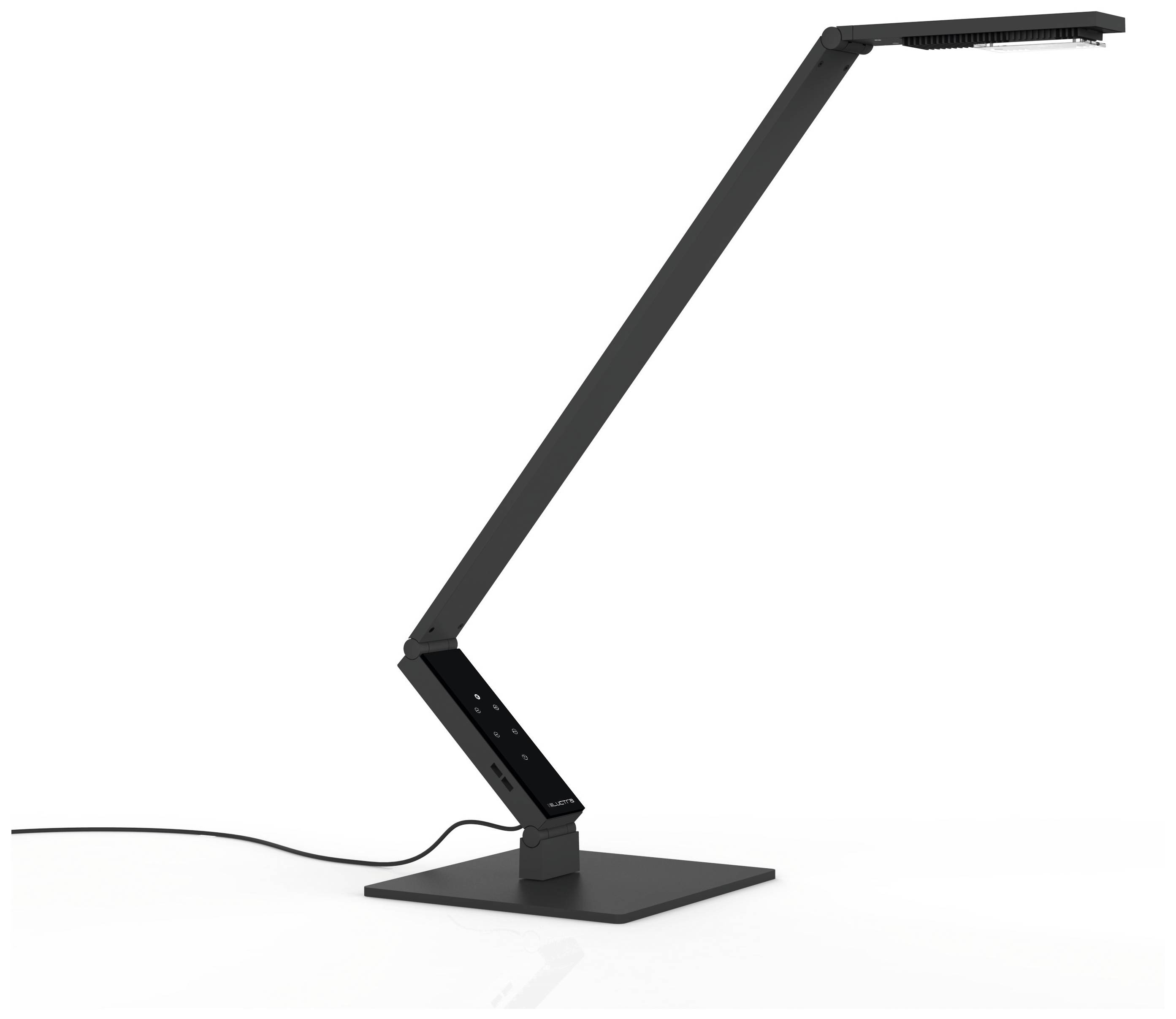 Zwarte, moderne bureaulamp met verstelbare arm en rechthoekige voet, aangesloten op een stroomkabel.