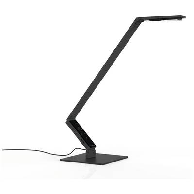Zwarte, moderne bureaulamp met verstelbare arm en rechthoekige voet, aangesloten op een stroomkabel.