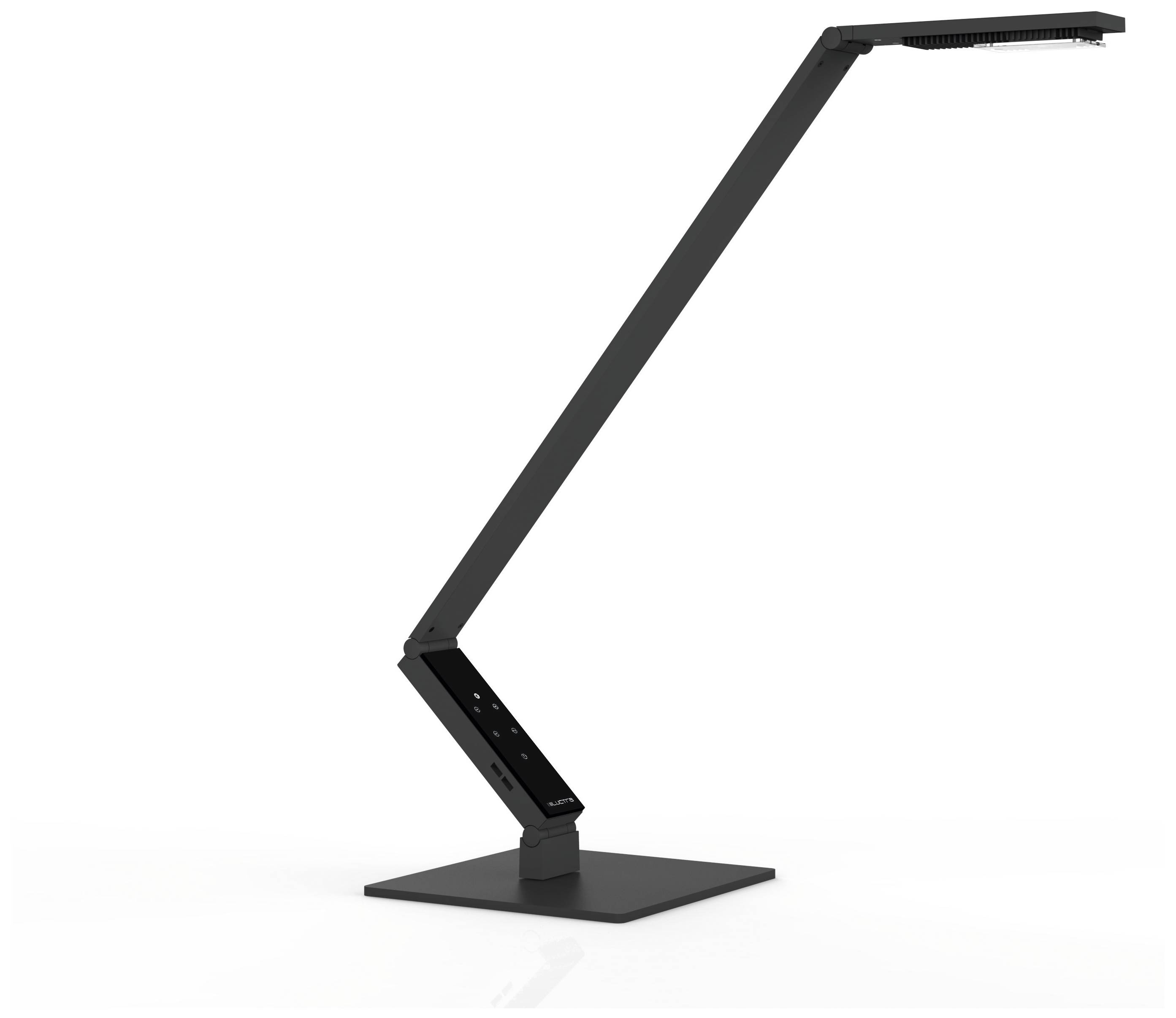 Een modern vormgegeven, zwarte LED-bureaulamp met verstelbare arm en rechthoekige voet, geschikt voor kantoor- of thuiswerkplekken.