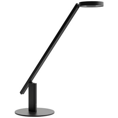 Zwarte, moderne bureaulamp met een slanke, hoekige vormgeving en een ronde lampenkop op een stabiele voet.