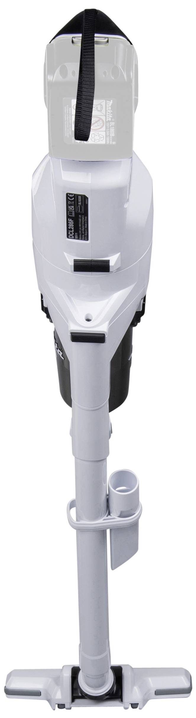 Een snoerloze, witte handstofzuiger met een lange steel en een smalle mondstuk, geschikt voor het reinigen van oppervlakken.