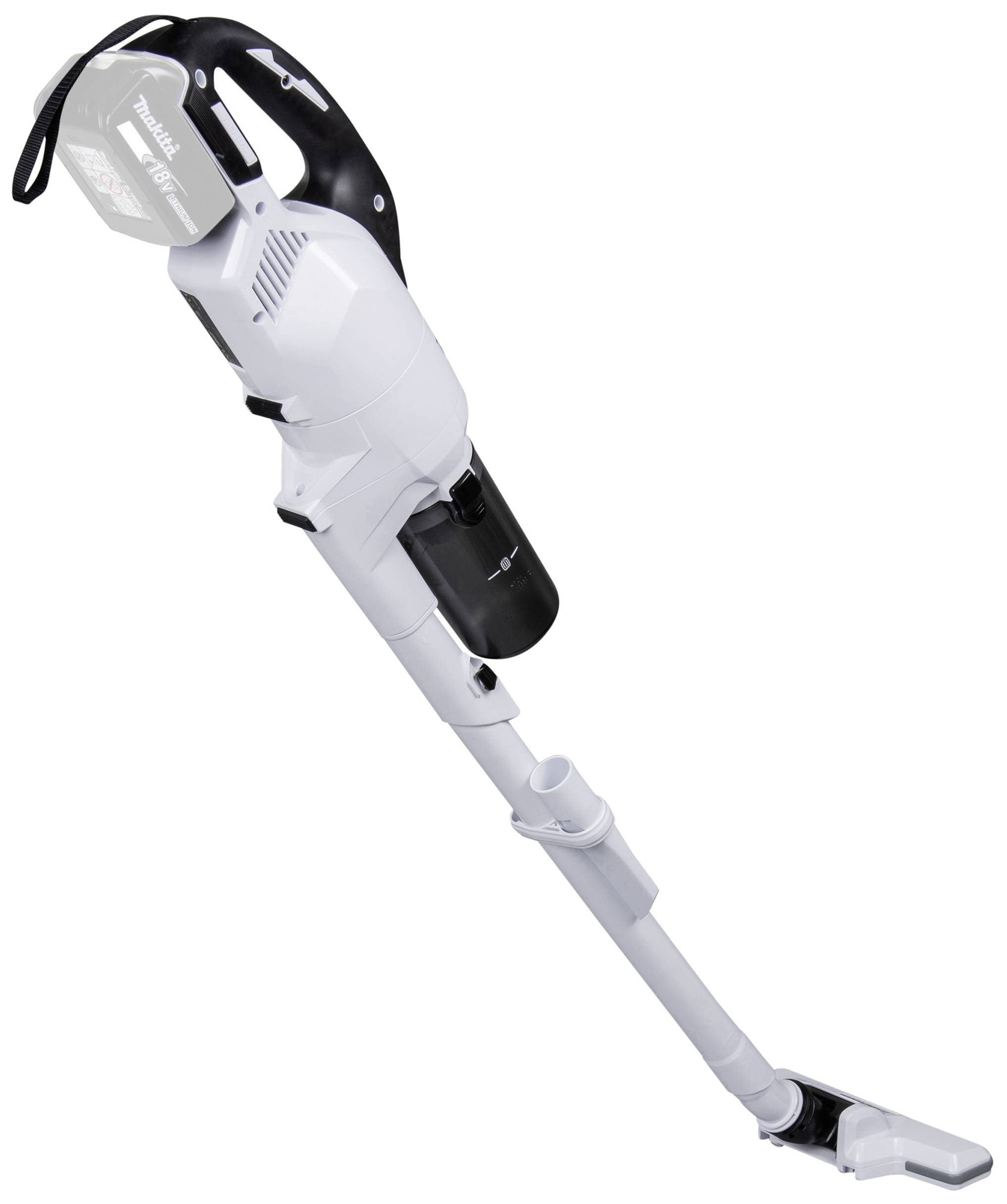 Een witte draadloze stofzuiger met een zwarte handgreep is in zijn volledige lengte afgebeeld. Hij heeft een slanke, moderne vormgeving.