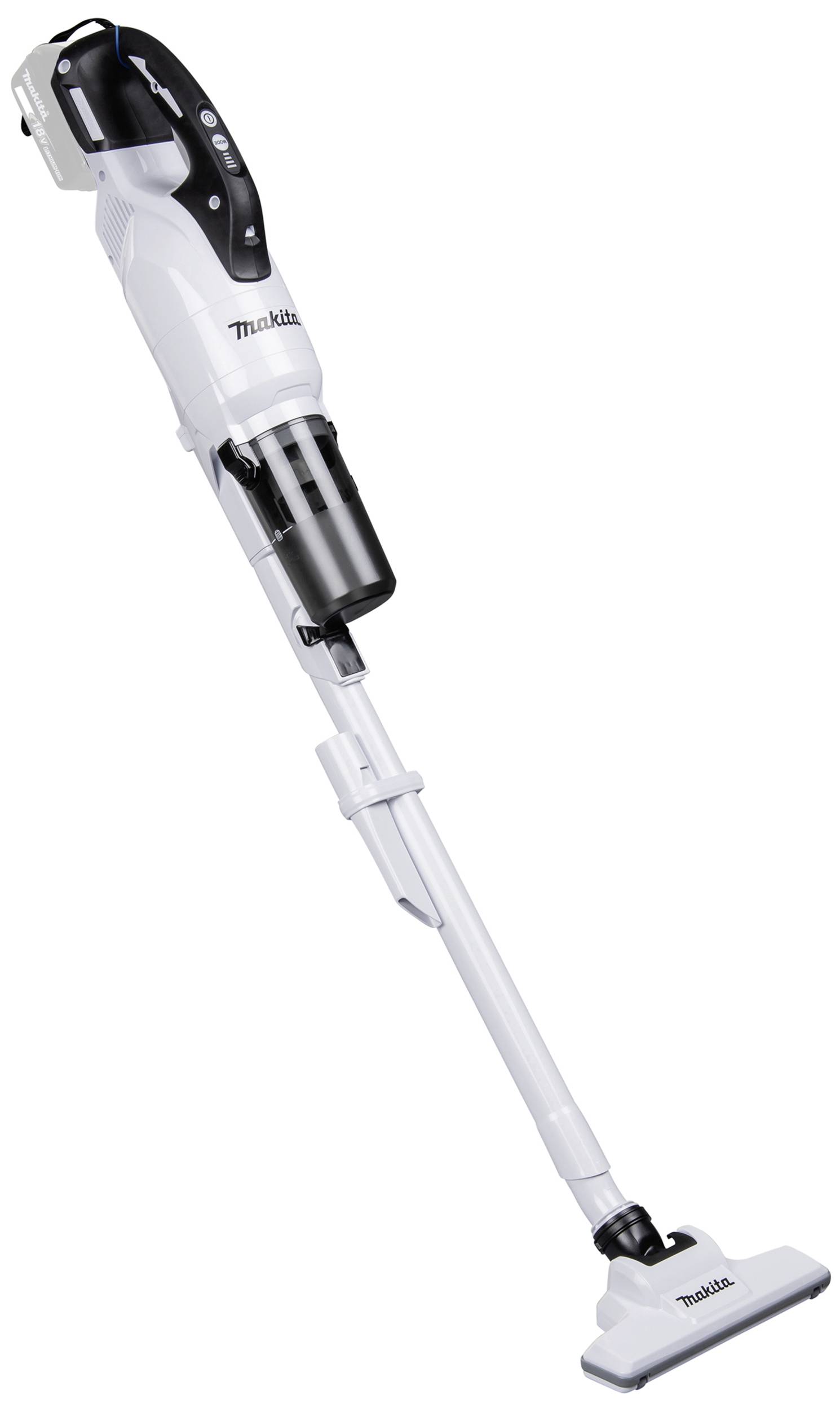 Draadloze, witte stofzuiger in een slanke vormgeving, rechtop staand. Geschikt voor efficiënte reiniging in kleine en grote woonomgevingen.