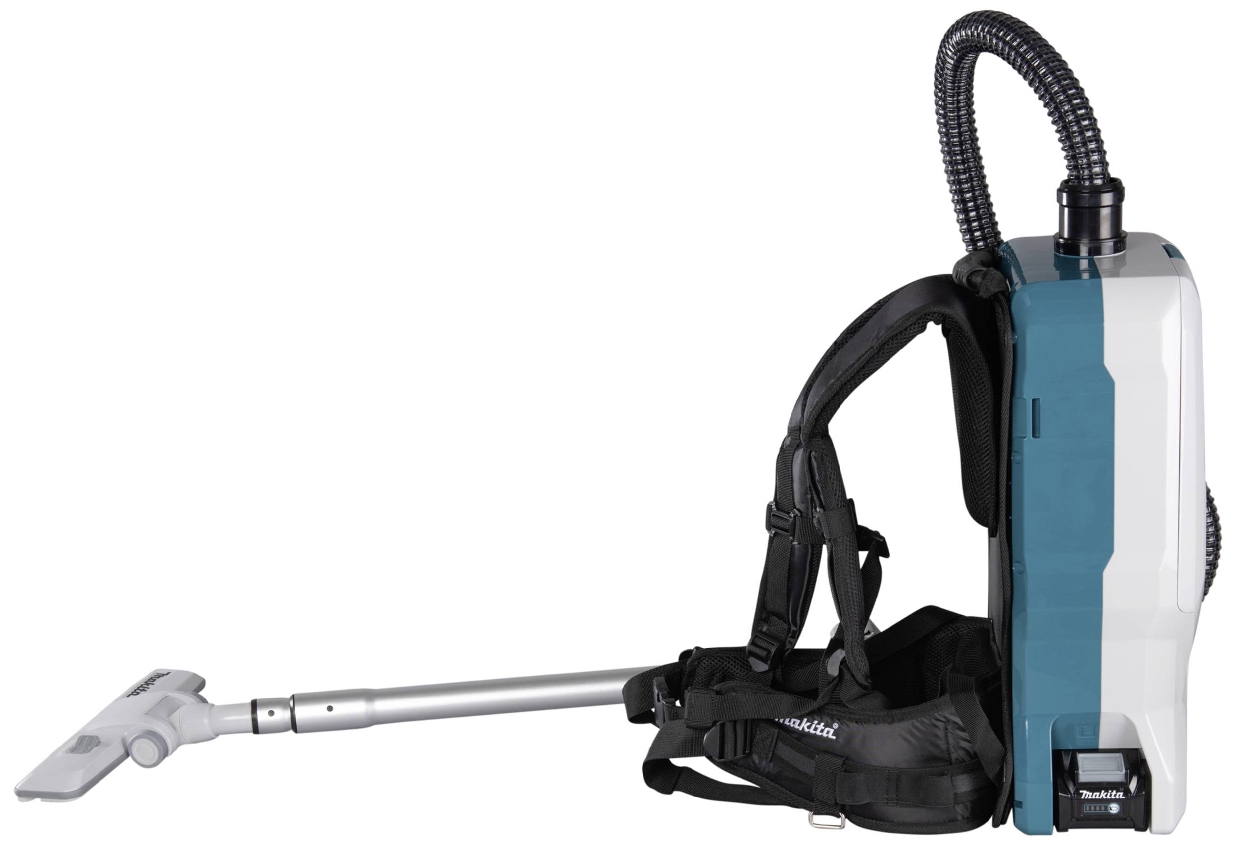 Een draagbare rugzak-stofzuiger met een lange zuigmond. Geschikt voor efficiënt, handsfree reinigen van grote oppervlakken.