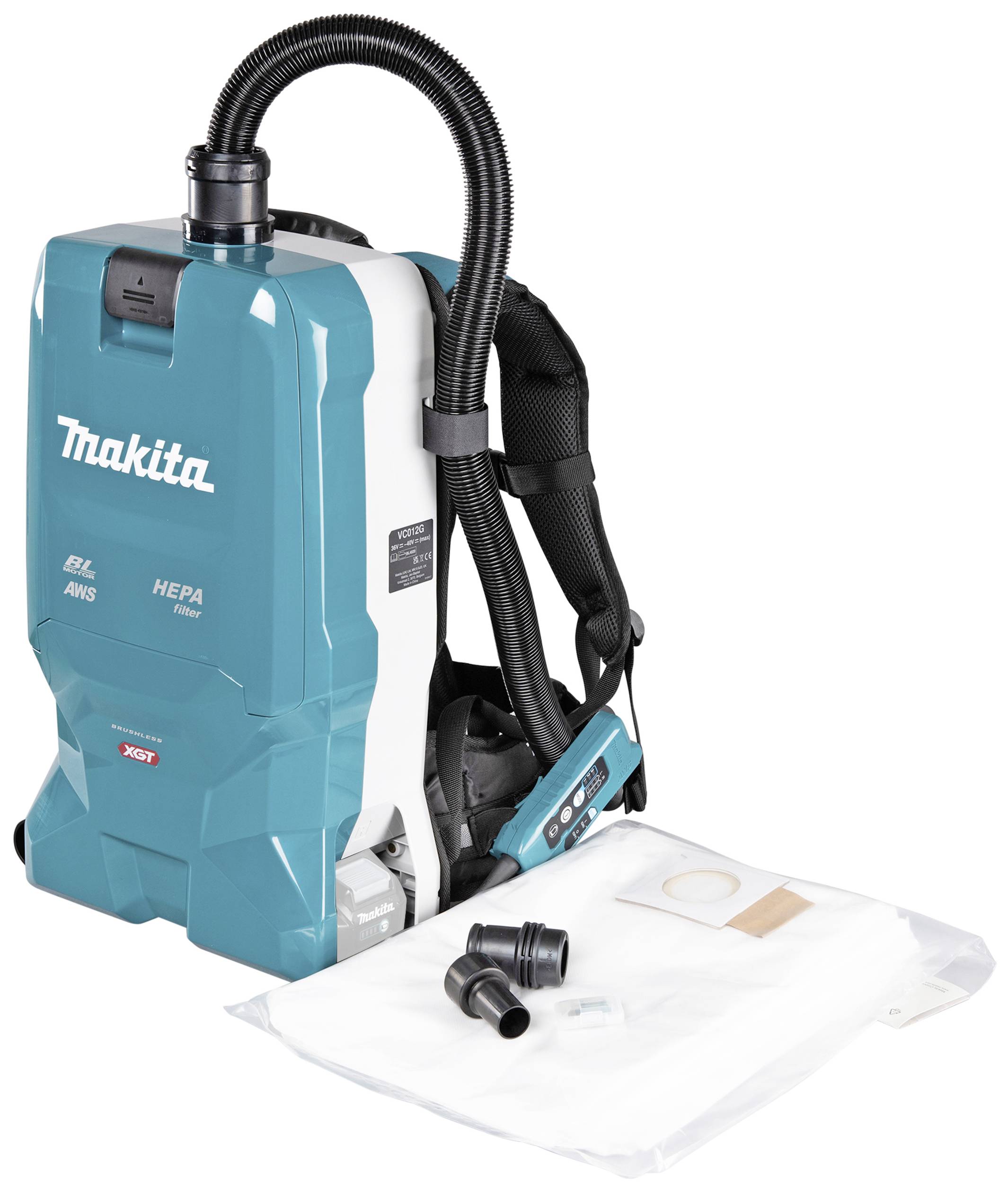 Rugzakstofzuiger van Makita, blauw-wit, met HEPA-filter en accessoires. Ideaal voor draagbare reinigingsoplossingen.