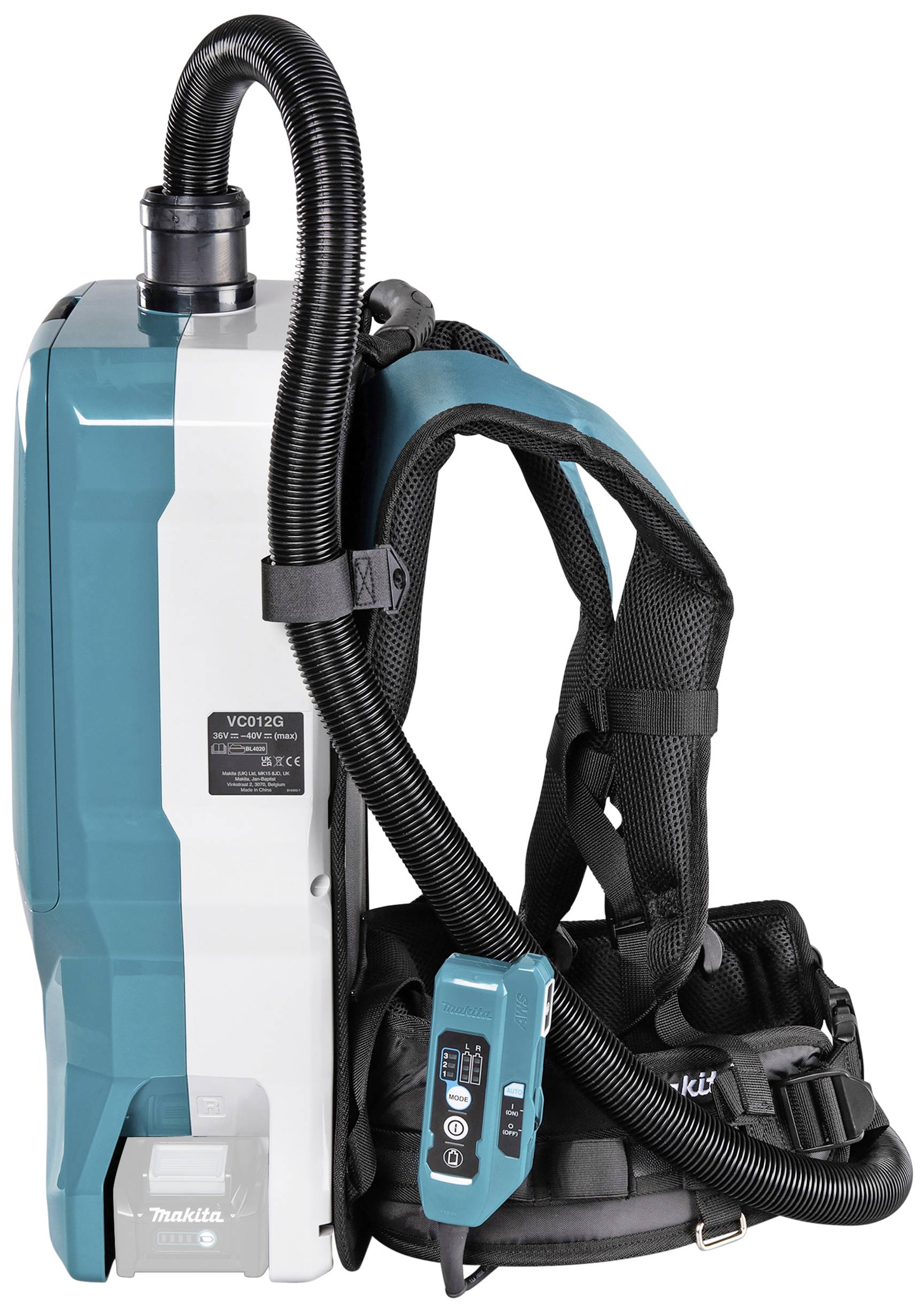 Rugzakstofzuiger in blauw-zwarte kleurstelling, met draagriem en flexibele slang. Ontworpen voor comfortabel en mobiel stofzuigen.