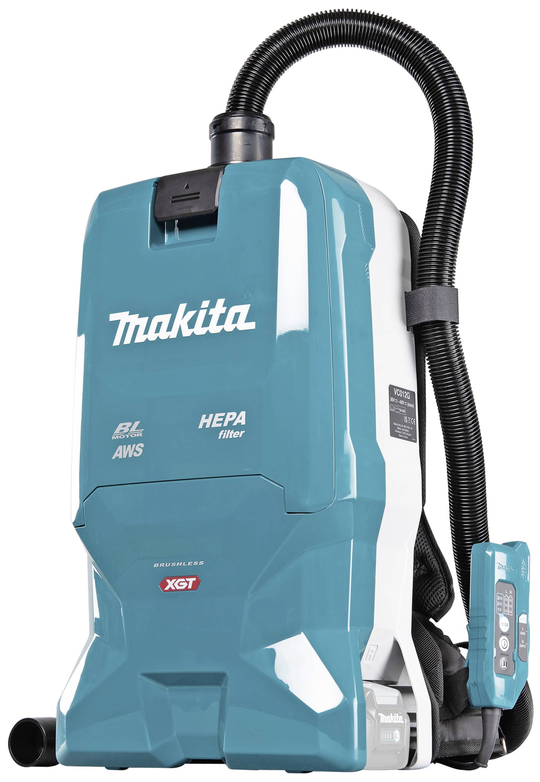 Een blauwe rugzakstofzuiger met HEPA-filter en accu, geschikt voor mobiele reinigingswerkzaamheden.