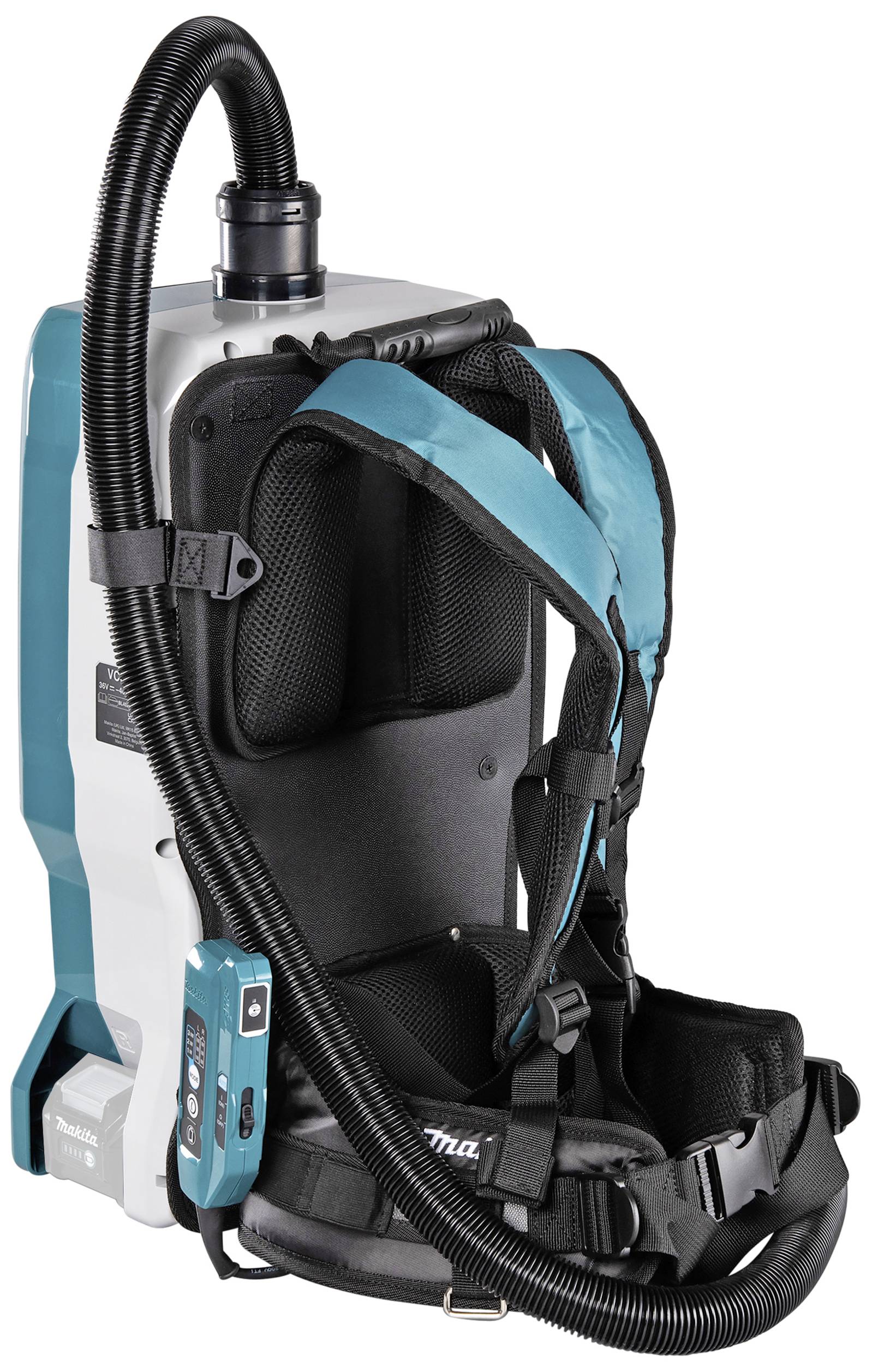 Een draagbare rugzak-stofzuiger met gewatteerde riemen en slang. Hij maakt handsfree stofzuigen mogelijk, ideaal voor mobiliteit.