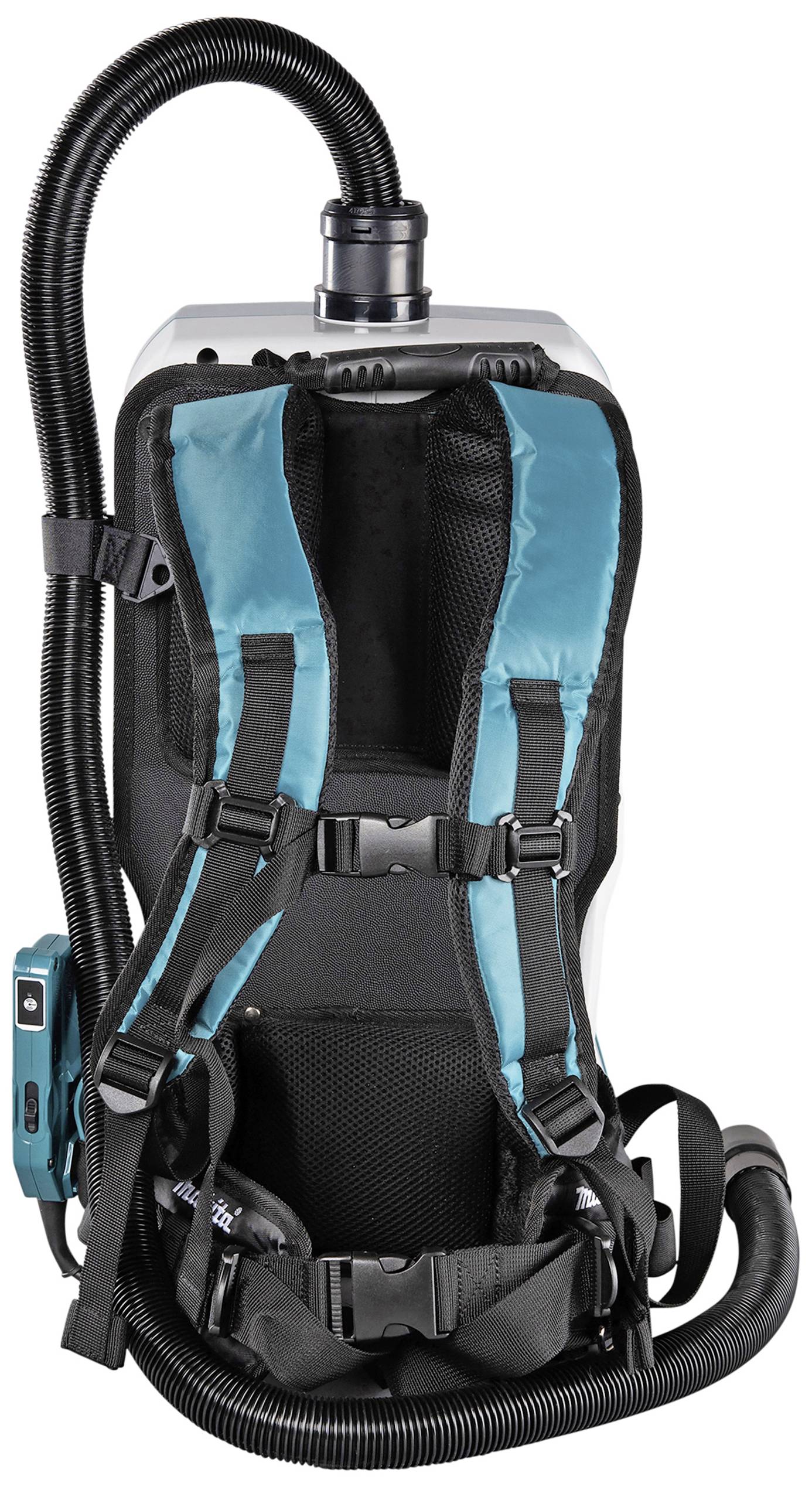 Achterzijde van een rugstofzuiger met verstelbare draagriem en slang die bovenaan is bevestigd.