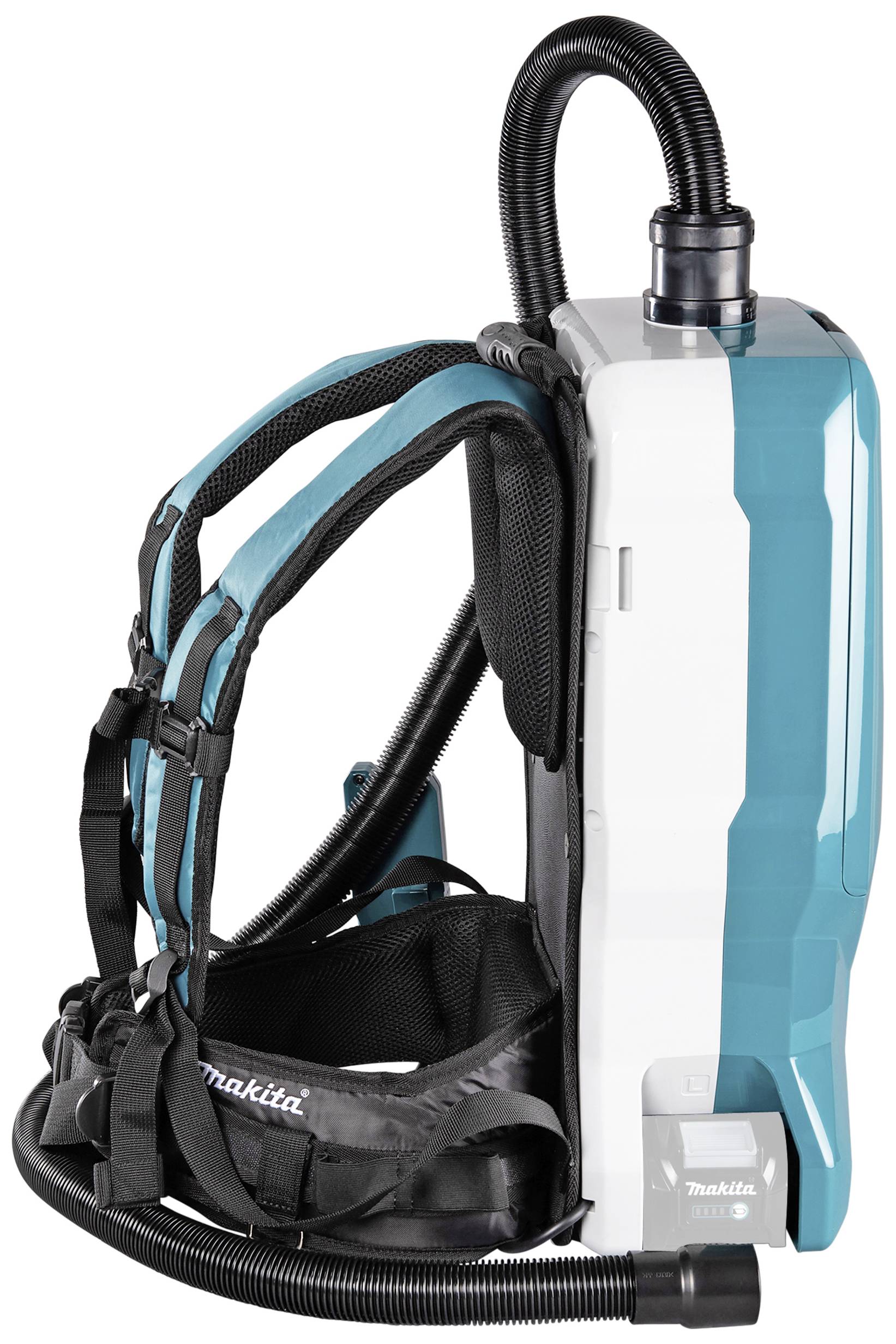 Een draadloze rugstofzuiger in blauw en wit, met ergonomische riemen en een slangaansluiting bovenaan.