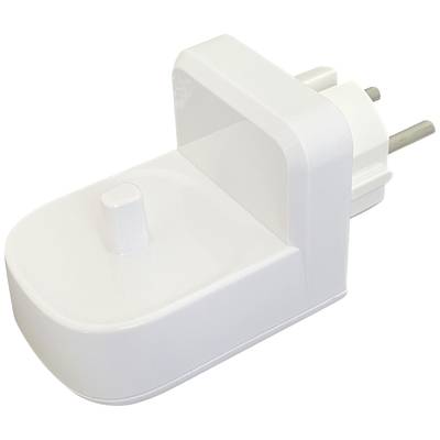 Een witte steekeradapter met een slanke vormgeving, die een stopcontact omvormt naar een andere configuratie.
