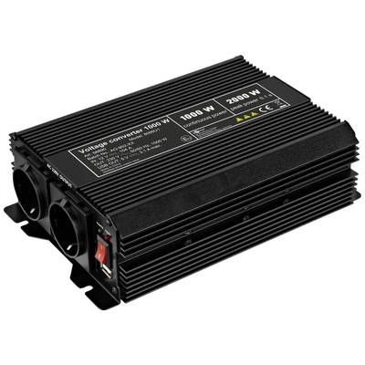 Zwarte spanningsomvormer met twee stopcontacten en vermogensweergave van 1000 W tot 2000 W.