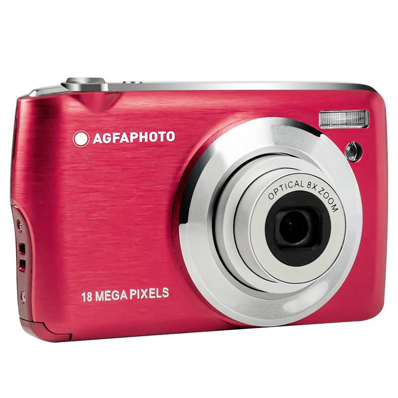 Rode digitale camera met de tekst 'Agfaphoto 18 Megapixels', zilveren lens met 'Optical 8X Zoom'. Vooraanzicht.