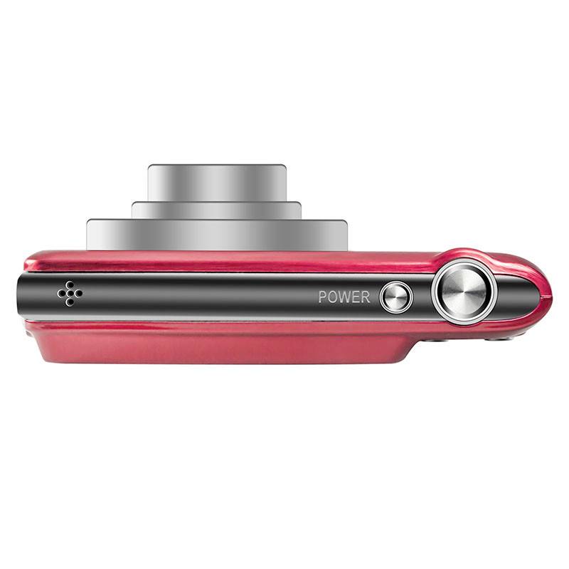 Rode digitale camera van opzij, met uitgeschoven lens, aan/uit-knop en sluiterknop zichtbaar.