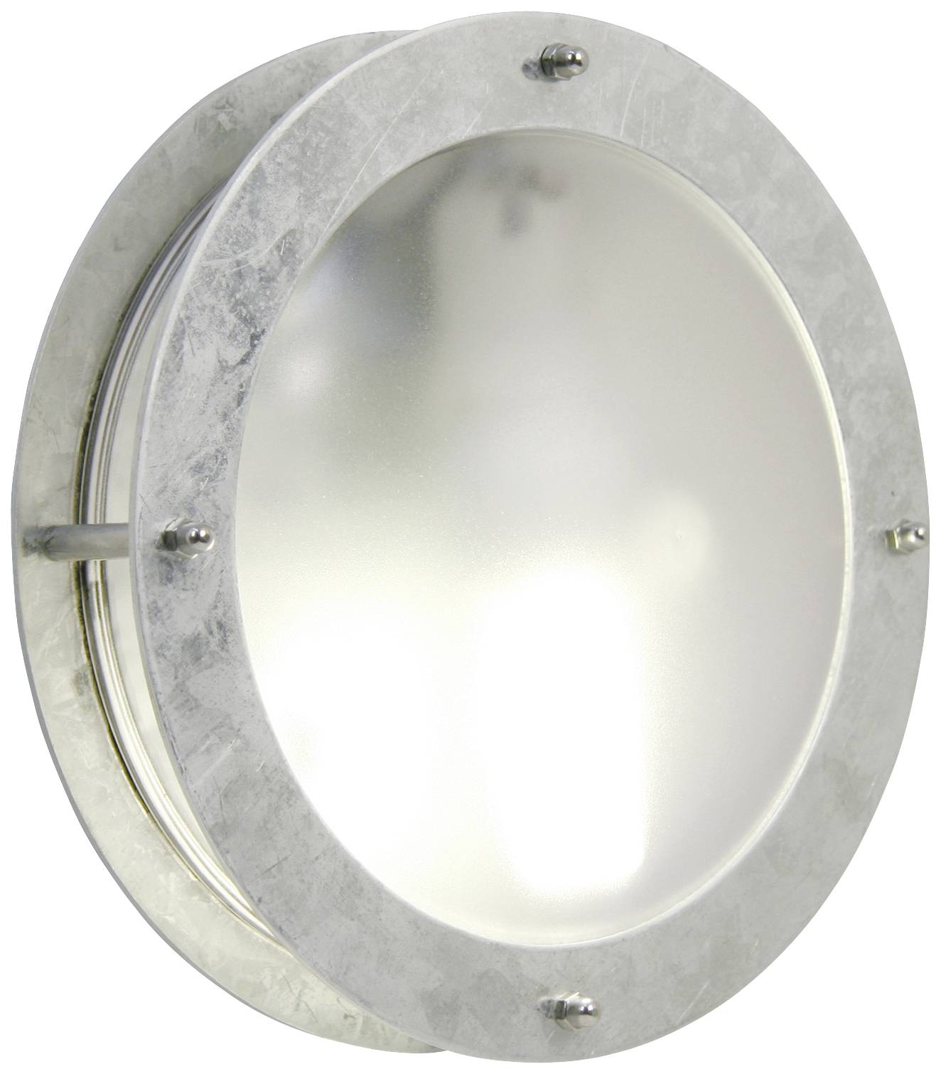 Ronde, zilveren lamp met matglas, geschikt voor wand- of plafondmontage, inzetbaar in binnen- en buitenruimtes.