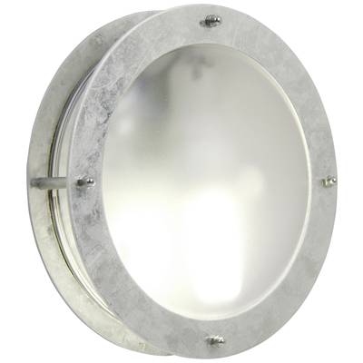 Ronde, zilveren lamp met matglas, geschikt voor wand- of plafondmontage, inzetbaar in binnen- en buitenruimtes.