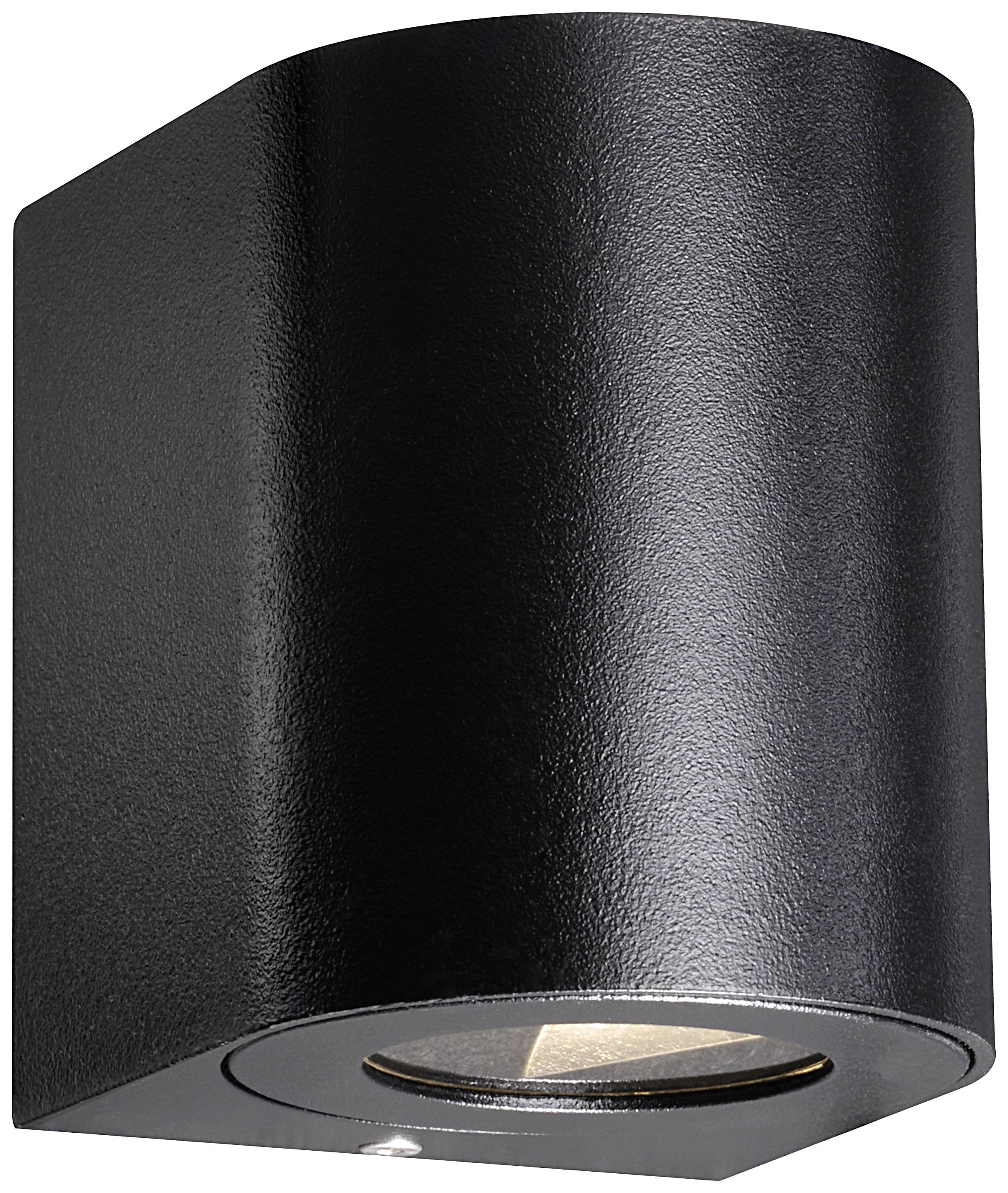 Zwarte, gebogen buitenmuurlamp met neerwaarts gerichte lichtbundel. Geschikt voor moderne gebouwgevels.