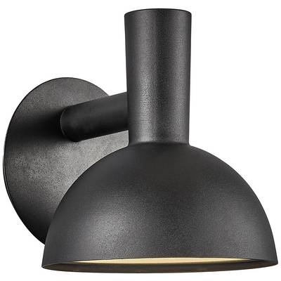 Zwarte wandlamp met ronde kap, eenvoudig, modern design, geschikt voor binnenverlichting. Lichtbundel naar beneden gericht.