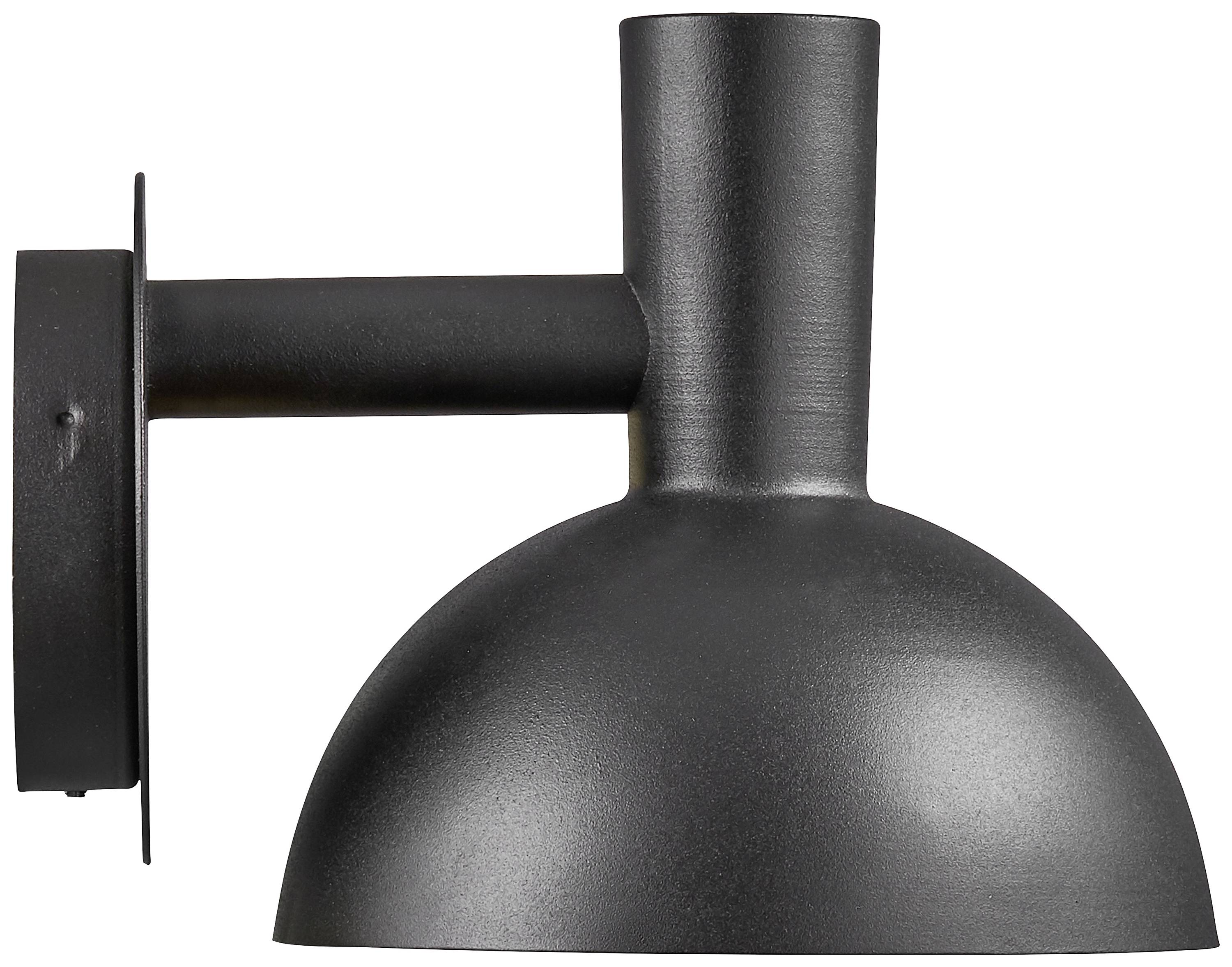 Een eenvoudige, zwarte wandlamp met een rond kapje en een cilindrische houder. Ideaal voor moderne interieurinrichting.