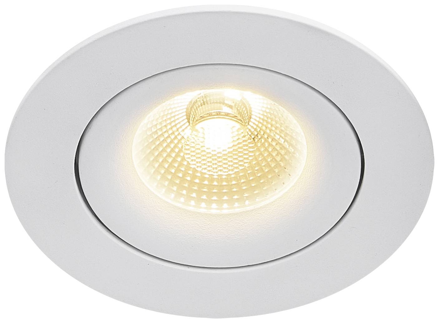 Ronde, witte LED-inbouwspot met warm licht, geschikt voor plafondmontage. Ideaal voor woonruimtes of kantoren.