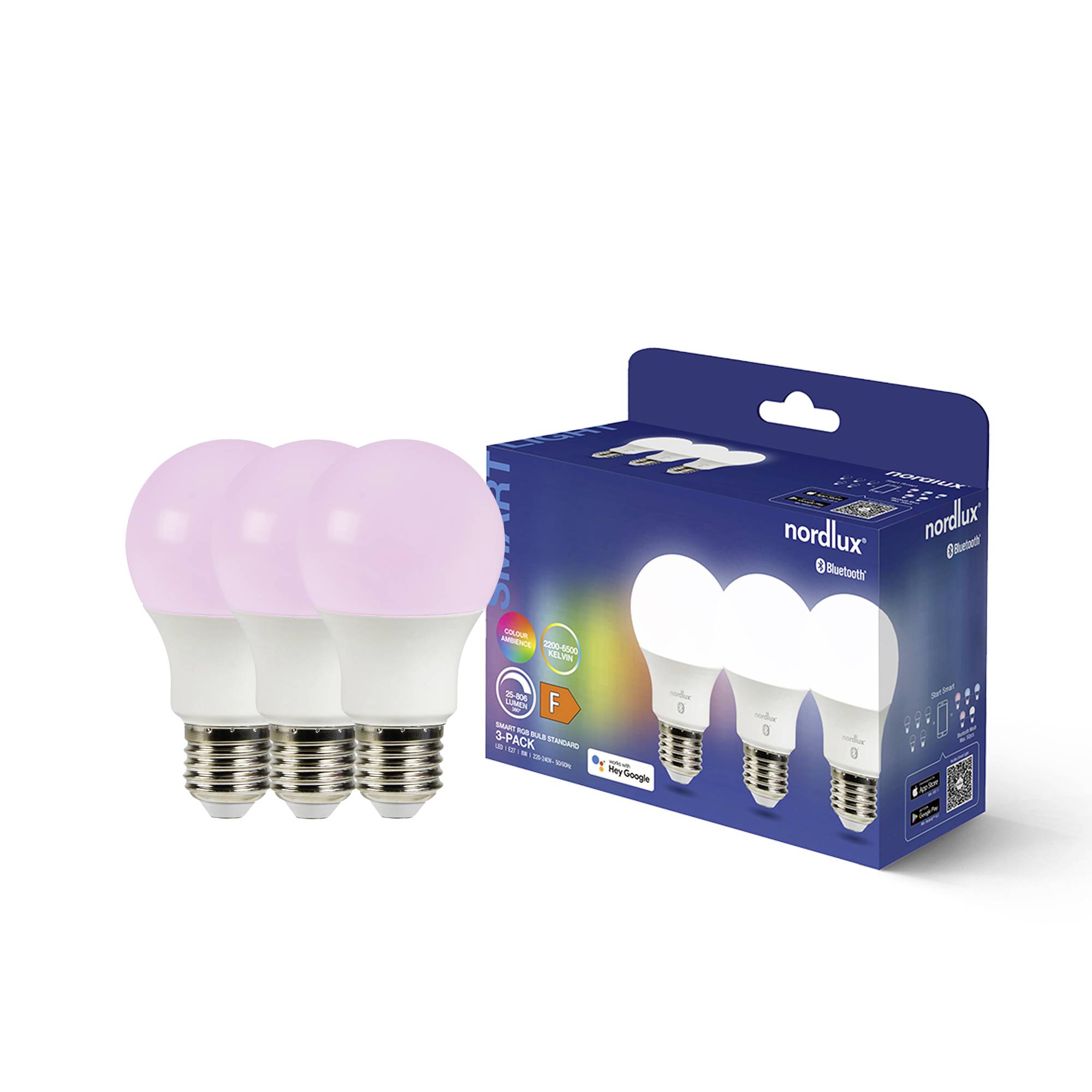 Drie LED-gloeilampen met een roze gloed naast een verpakking van het merk 'Nordlux', met Bluetooth- en app-bedieningssymbolen.