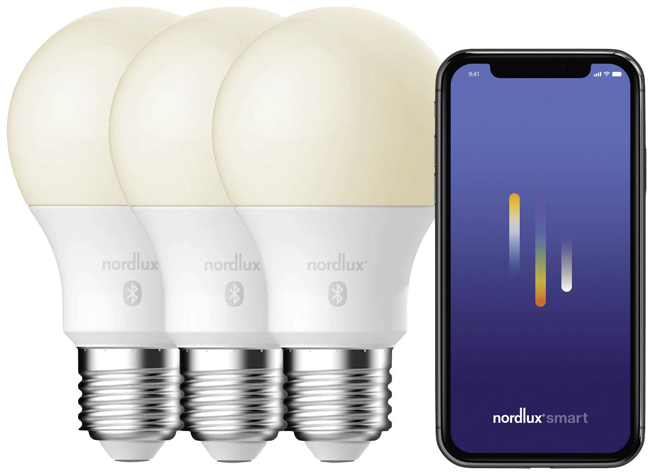 'Drie LED-gloeilampen naast een smartphone met de Nordlux Smart-app op het scherm, die lichtbesturing mogelijk maakt.'