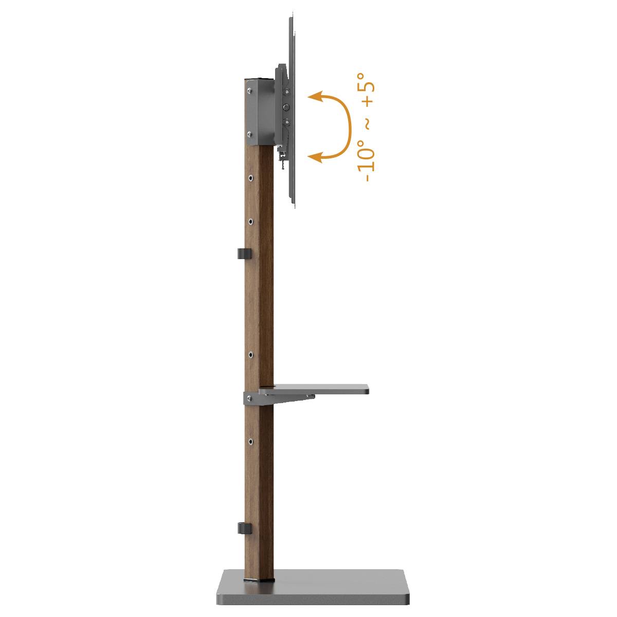Zijaanzicht van een hoogteverstelbare monitorstandaard van hout en metaal, die een kantelhoek van -10° tot +5° toont.