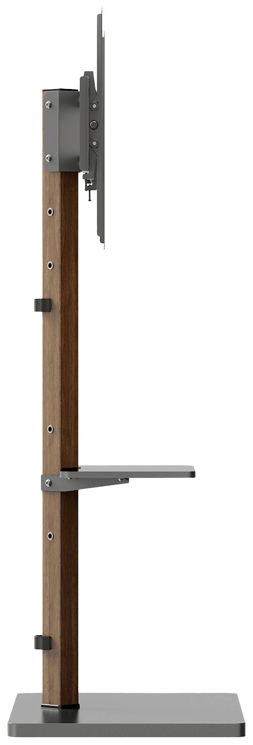 Zijaanzicht van een moderne houten en metalen standaard met verstelbare houder en klein opbergvlak.