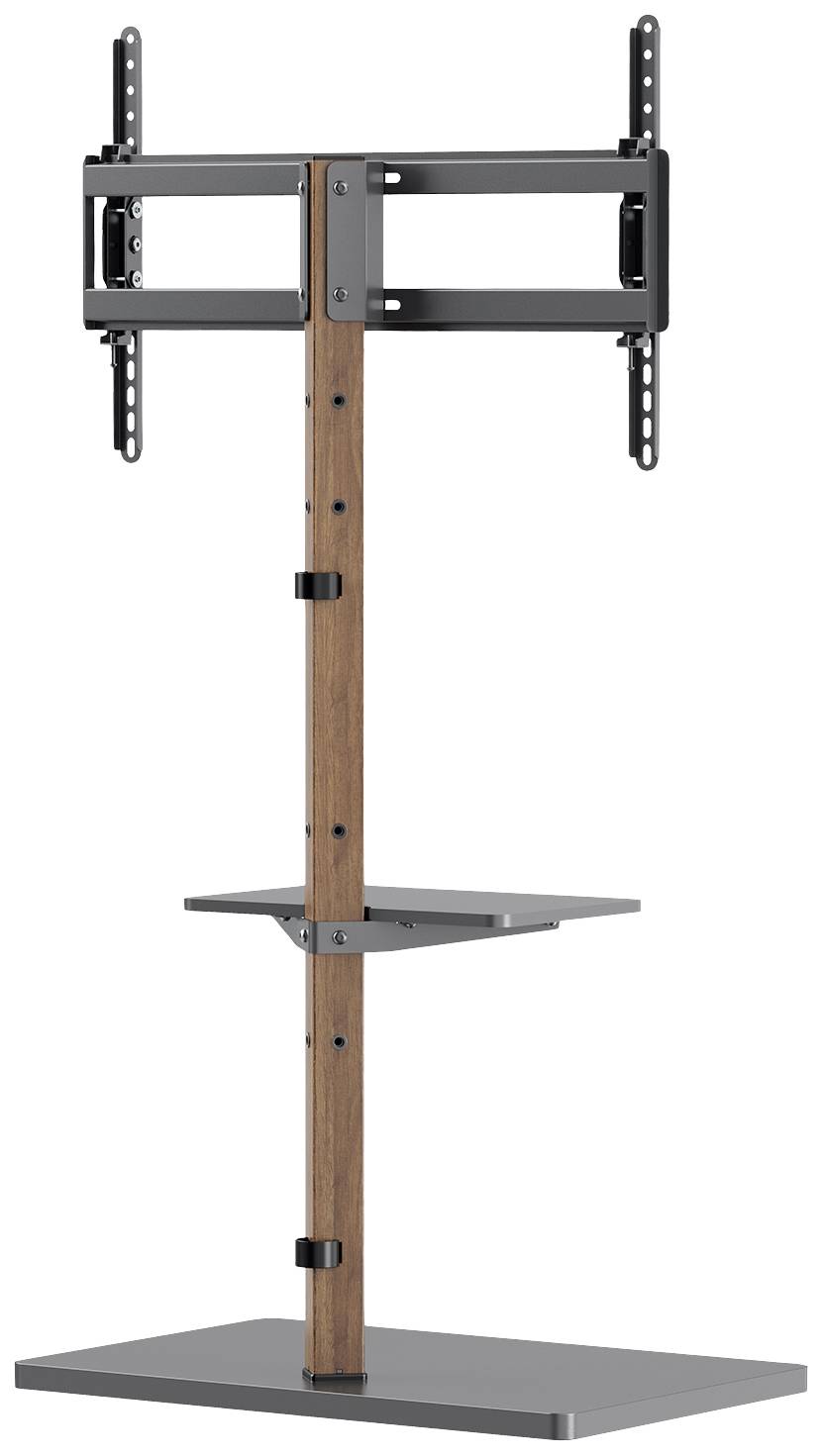 Tv-standaard met houten zuil, verstelbare beugel en extra opbergoppervlak, geschikt voor flatscreens.