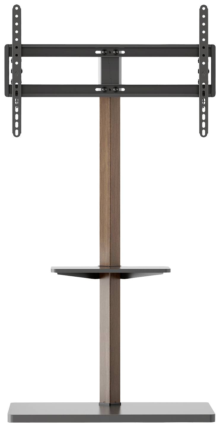 Een tv-standaard met houten zuil en metalen beugel, geschikt voor flatscreens. Onderaan een kleine plank voor accessoires.