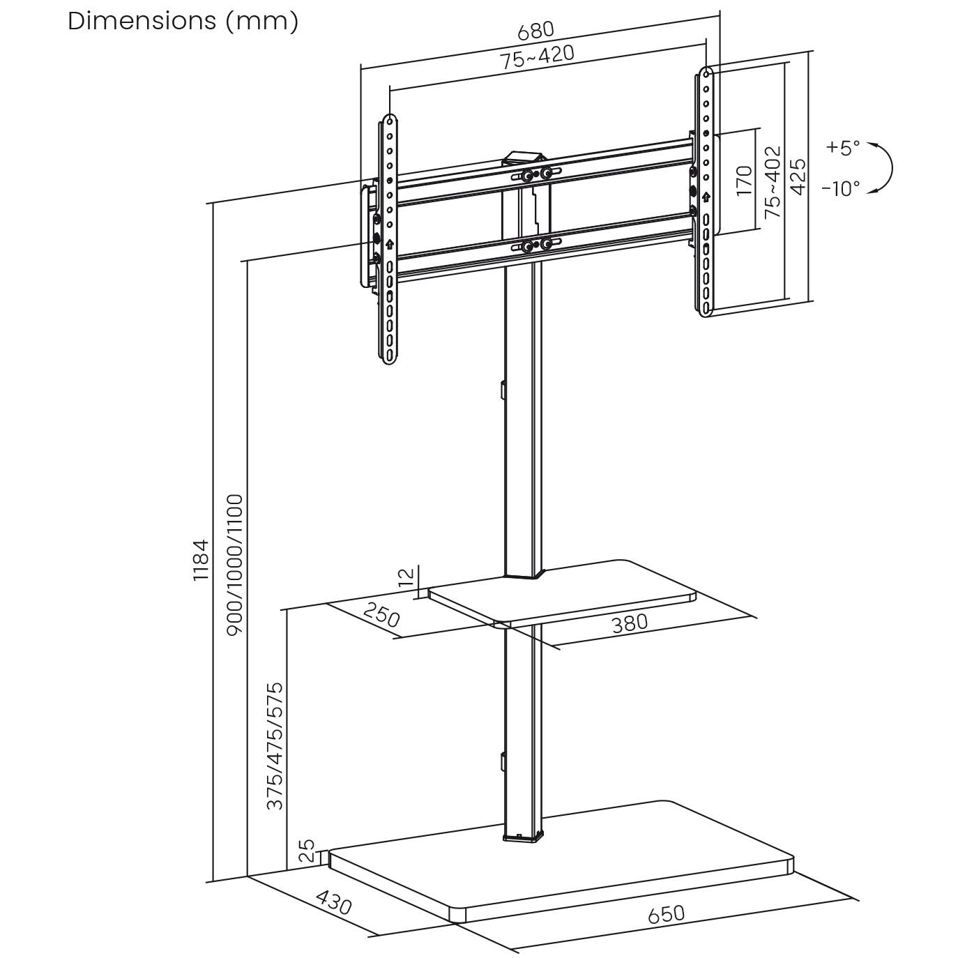 Diagram van een tv-standaard met afmetingen in millimeters. Hoogteverstelling van 900 tot 1184 mm, breedte 650 mm, diepte 430 mm. Kantelbaar onder een hoek van +5°/-10°.