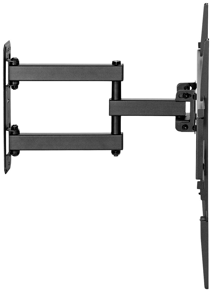 Zwarte, draaibare tv-wandsteun, zijdelings uitgeschoven. Geschikt voor flexibele bevestiging van flatscreen-televisies aan de muur.