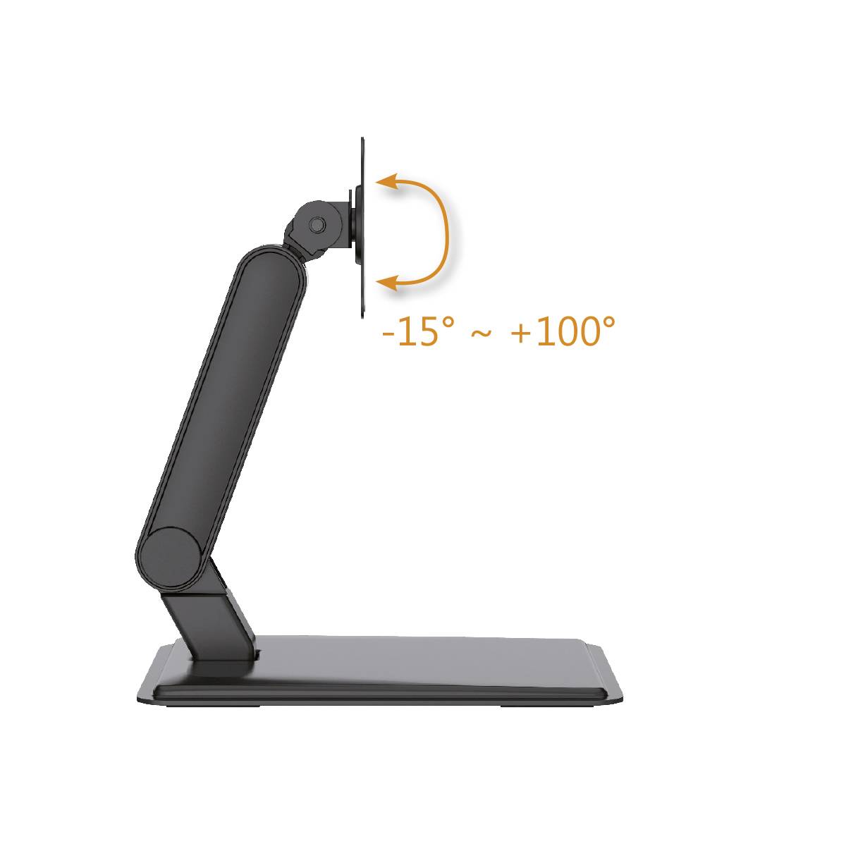 'Sonnosystems monitorarm' in zijaanzicht toont een kantelhoek van -15° tot +100°, geïllustreerd door pijlen. Ideaal voor ergonomische aanpassing.