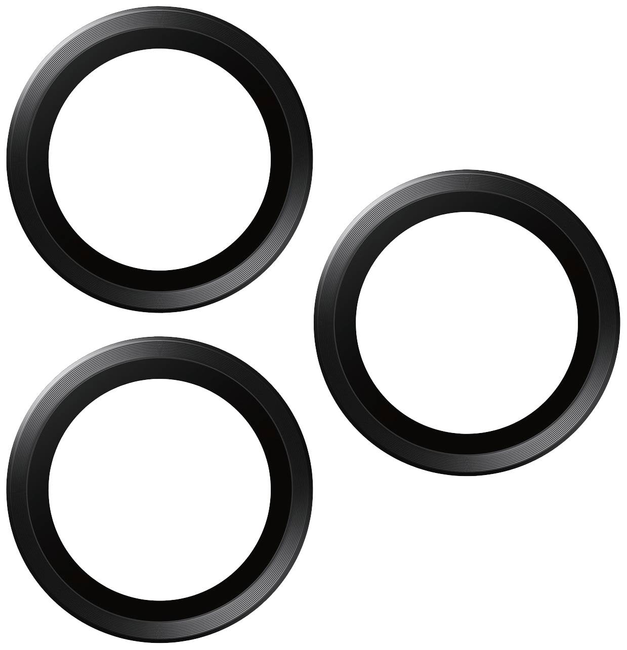 Drie zwarte ringen, gelijkmatig gerangschikt, op een witte achtergrond.