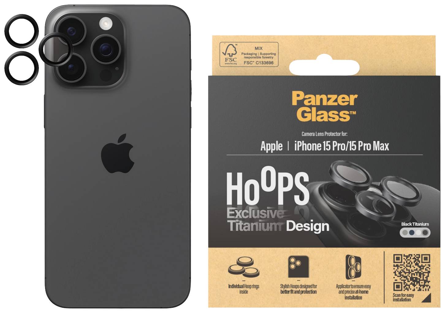 'PanzerGlass' Camera Lens Protector voor iPhone 15 Pro/15 Pro Max. Bevat beschermingsringen, benadrukt exclusief titanium design, zwarte kleur.