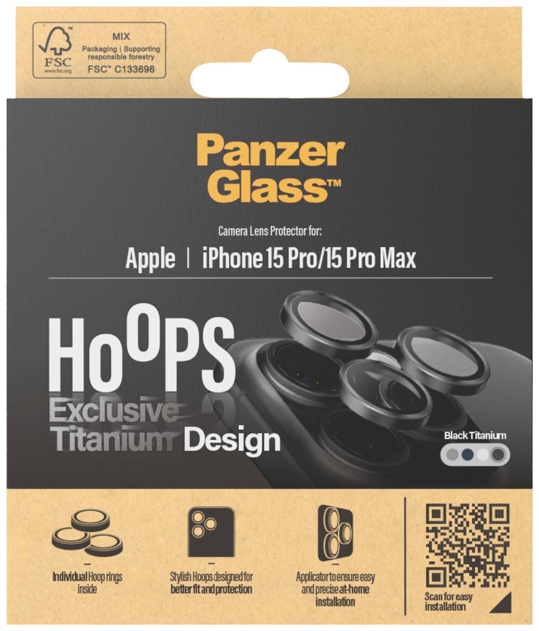 Verpakking van een camera lensbeschermer voor iPhone 15 Pro/Pro Max van PanzerGlass, 'Hoops Exclusive Titanium Design', zwarte kleur.